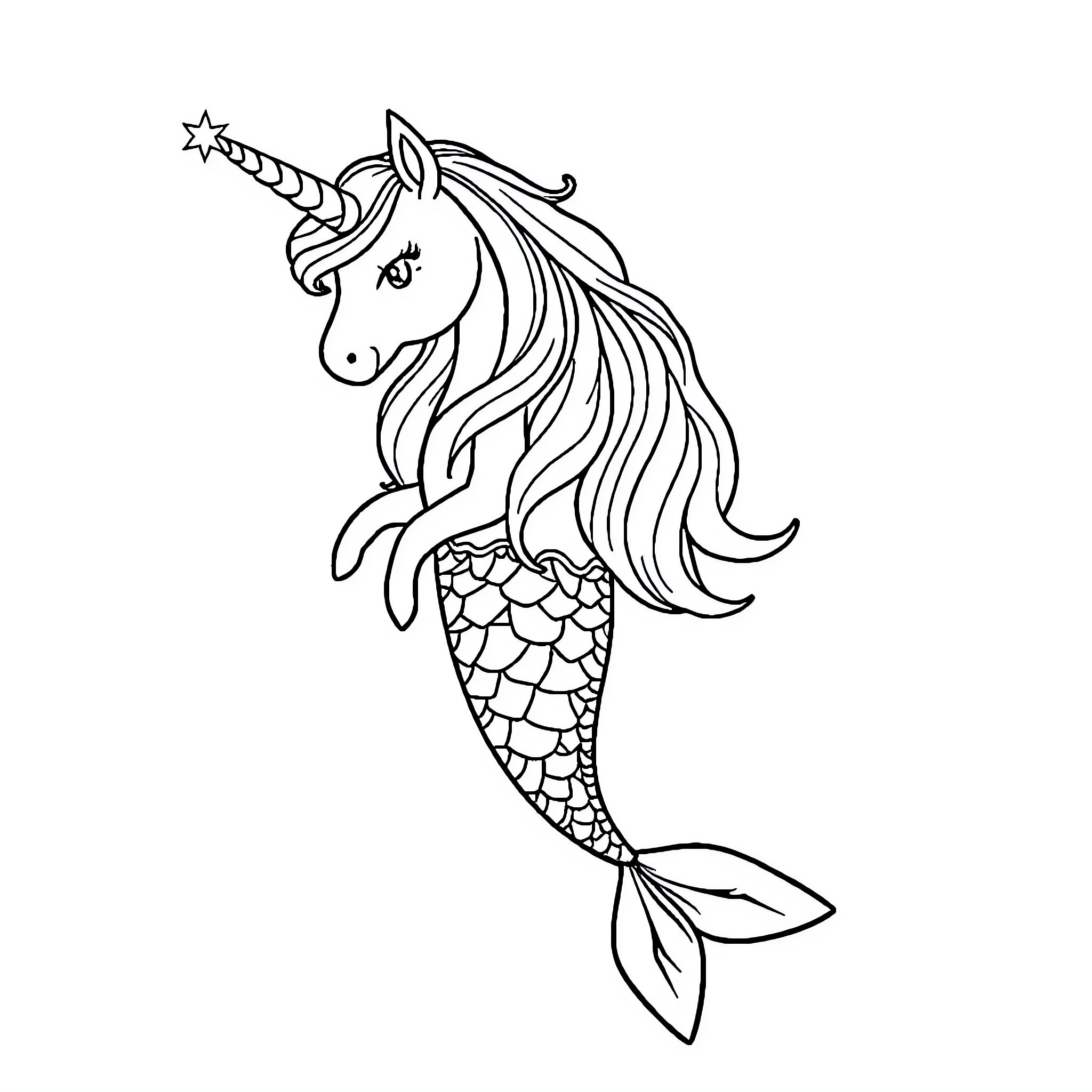 Unicorn Mermaid Swimming Gracefully with Flowing Hair Coloring Page (free black-and-white line drawing printable PDF for all, from beginners to advanced learners, including children, teens, adults, and seniors)
