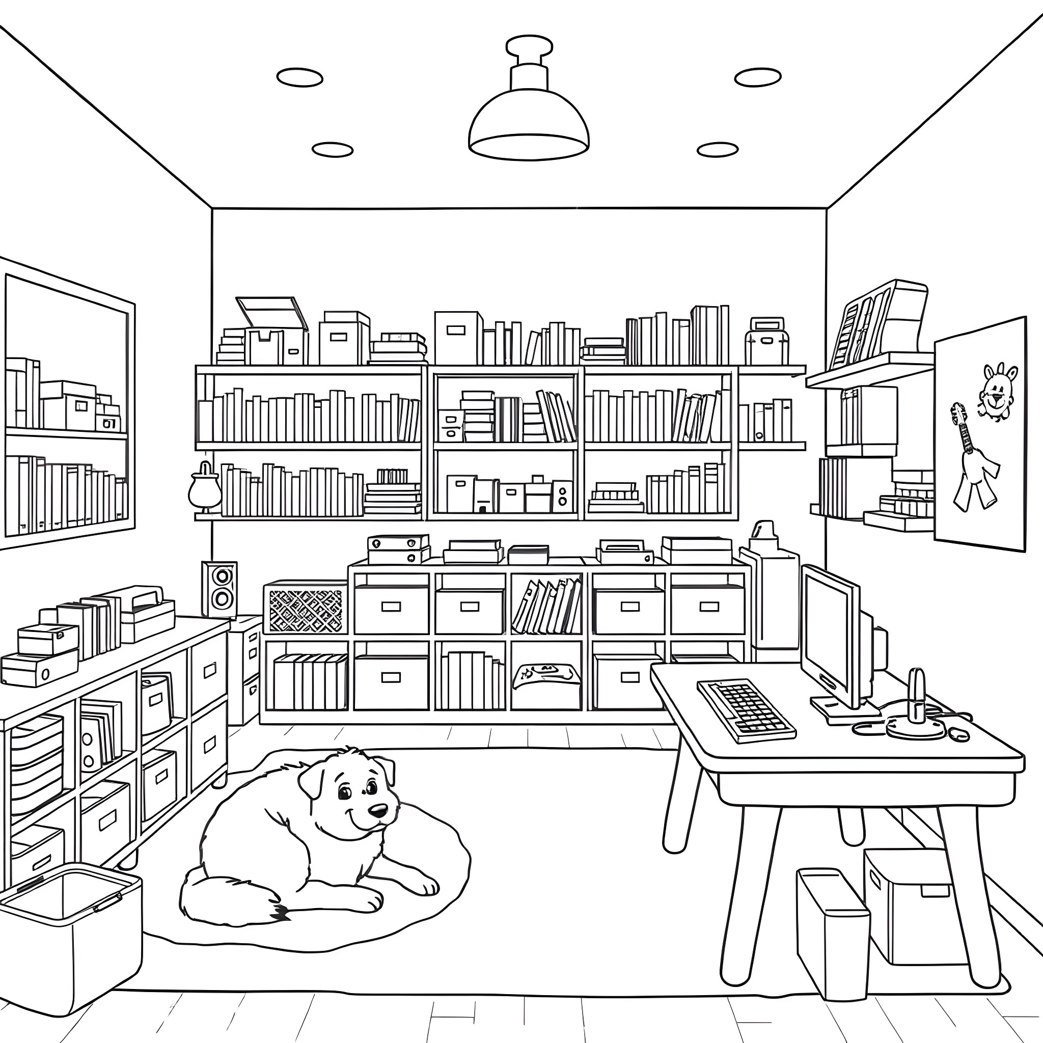 Child's Cozy Reading Nook with Playful Pup Coloring Page (free black-and-white line drawing printable PDF for all, from beginners to advanced learners, including children, teens, adults, and seniors)