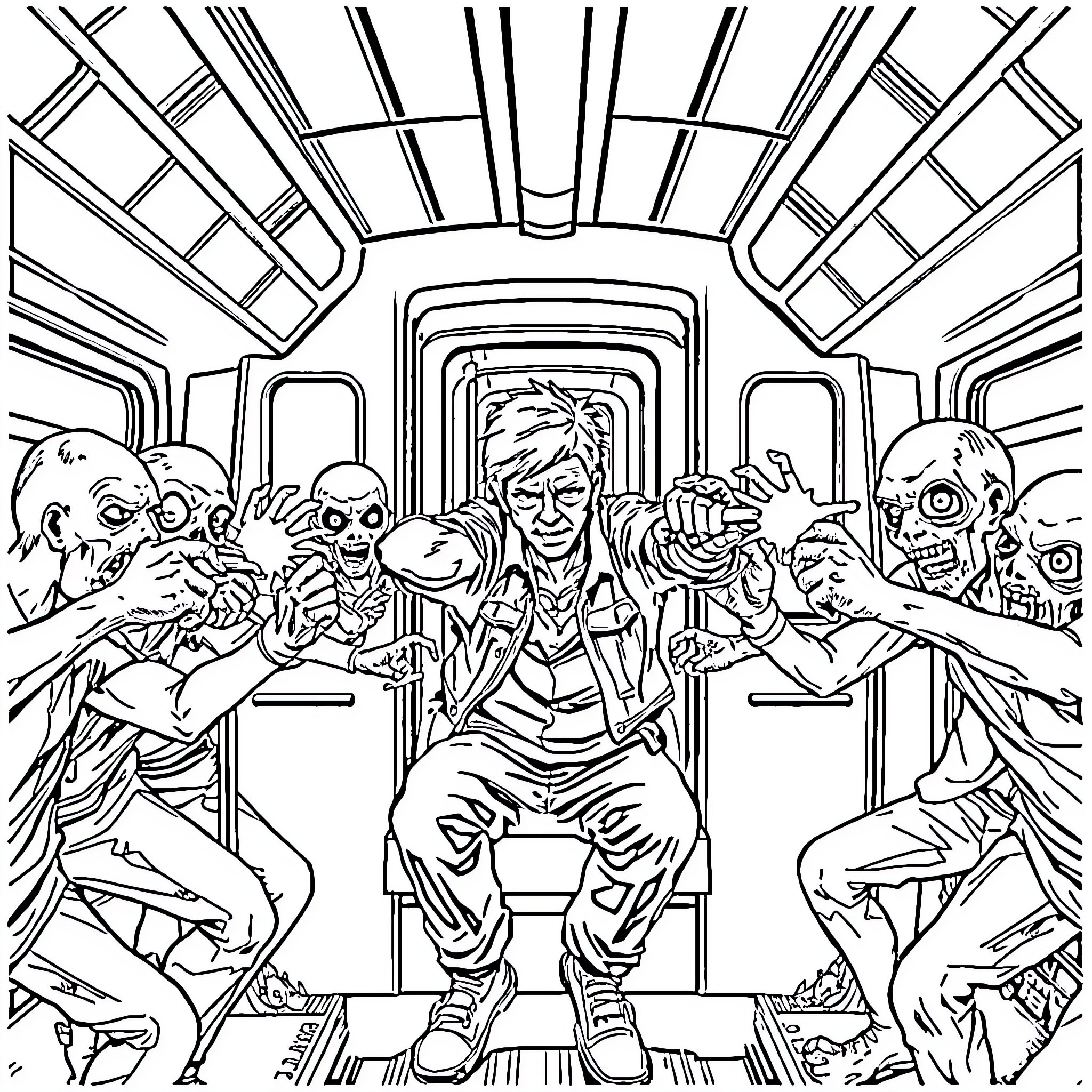 Persona: Crowded Subway Scene with Unusual Passengers Coloring Page (free black-and-white line drawing printable PDF for all, from beginners to advanced learners, including children, teens, adults, and seniors)