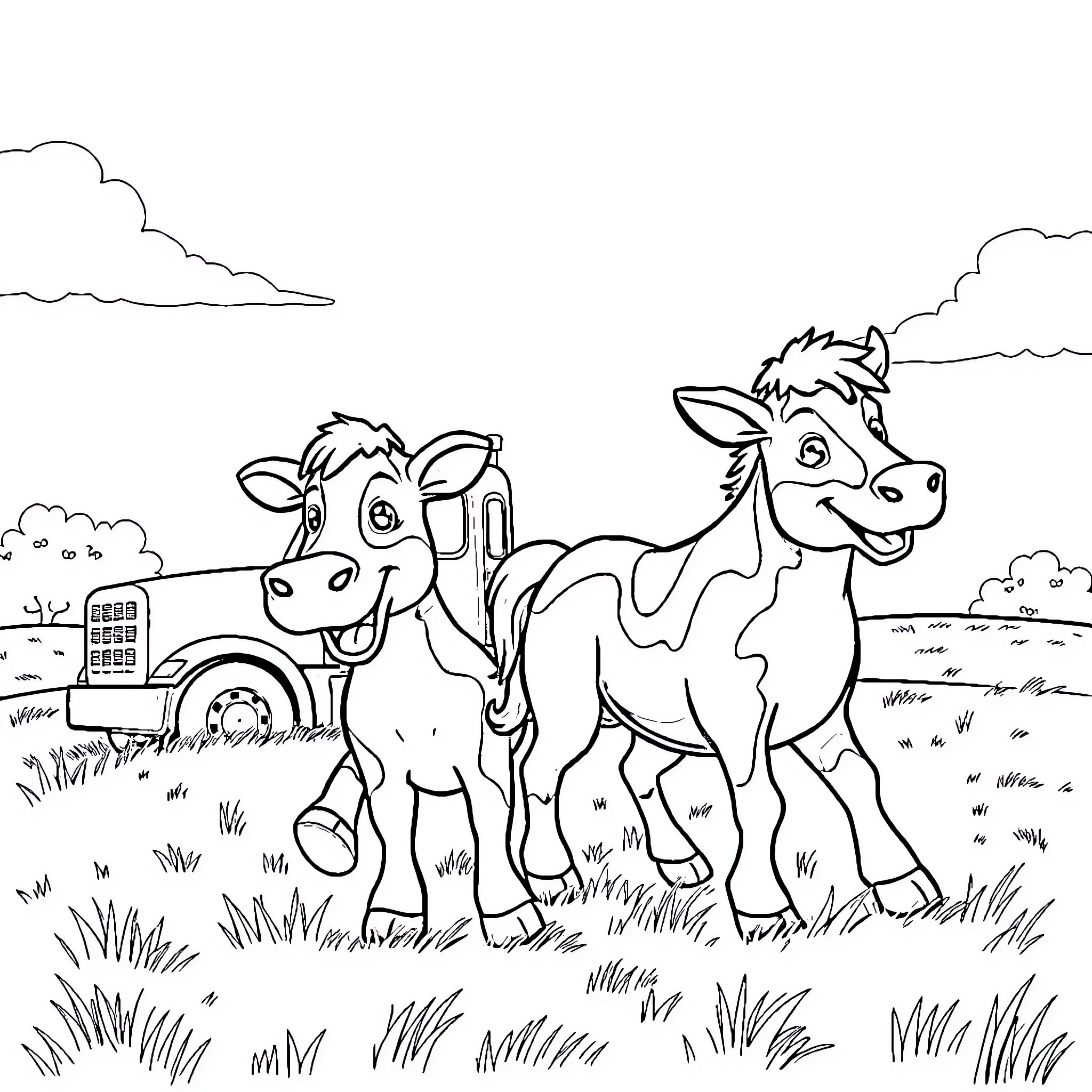 Trucker cattle herd crossing rural landscape Coloring Page (free black-and-white line drawing printable PDF for all, from beginners to advanced learners, including children, teens, adults, and seniors)