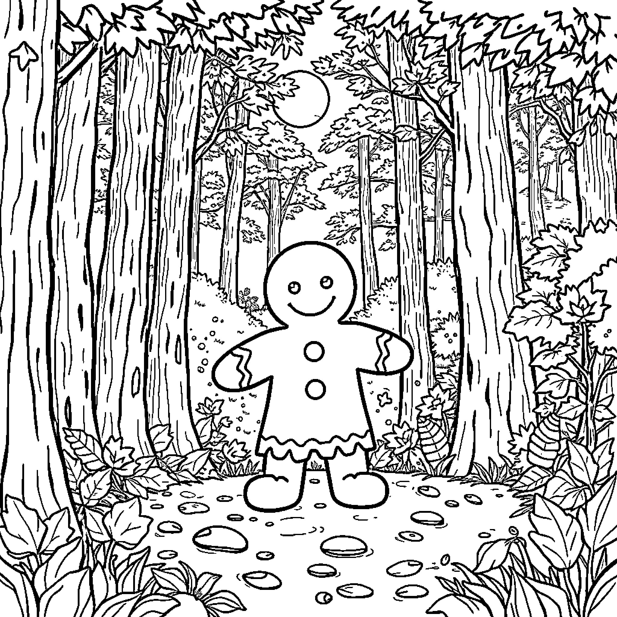 Gingerbread Man strolling through enchanted forest Coloring Page (free black-and-white line drawing printable PDF for all, from beginners to advanced learners, including children, teens, adults, and seniors)