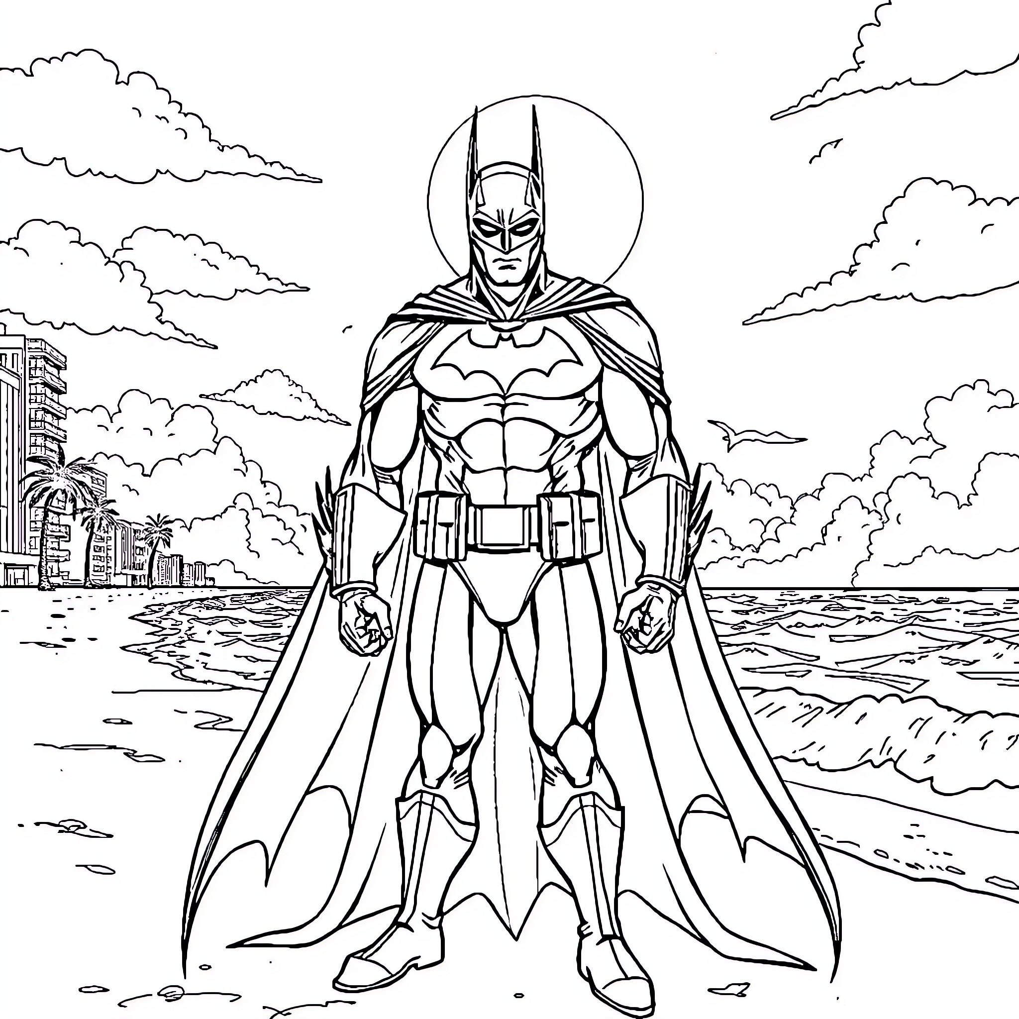 Batman overlooking the city from the beach Coloring Page (free black-and-white line drawing printable PDF for all, from beginners to advanced learners, including children, teens, adults, and seniors)