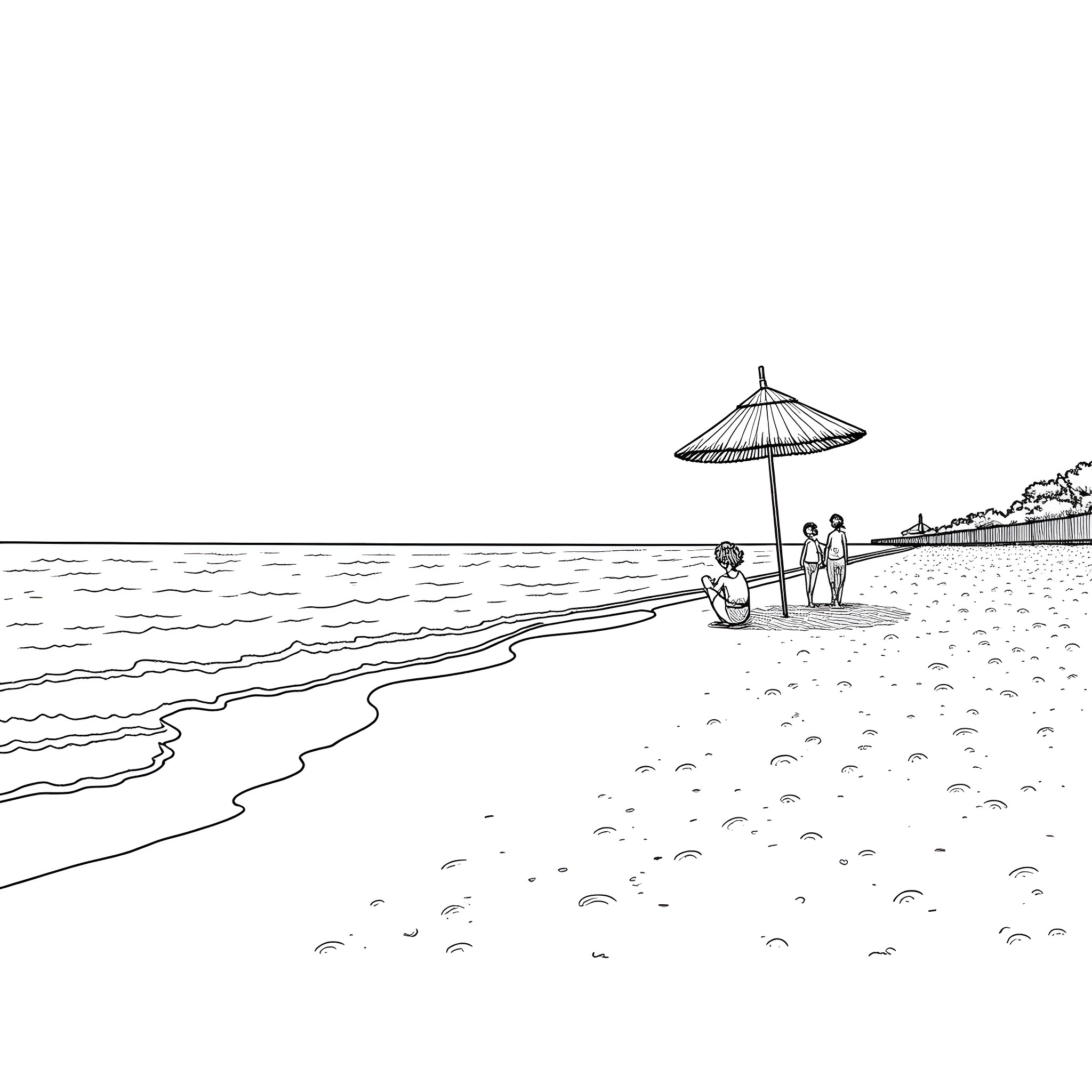 Beach scene with people and umbrella Coloring Page (free black-and-white line drawing printable PDF for all, from beginners to advanced learners, including children, teens, adults, and seniors)