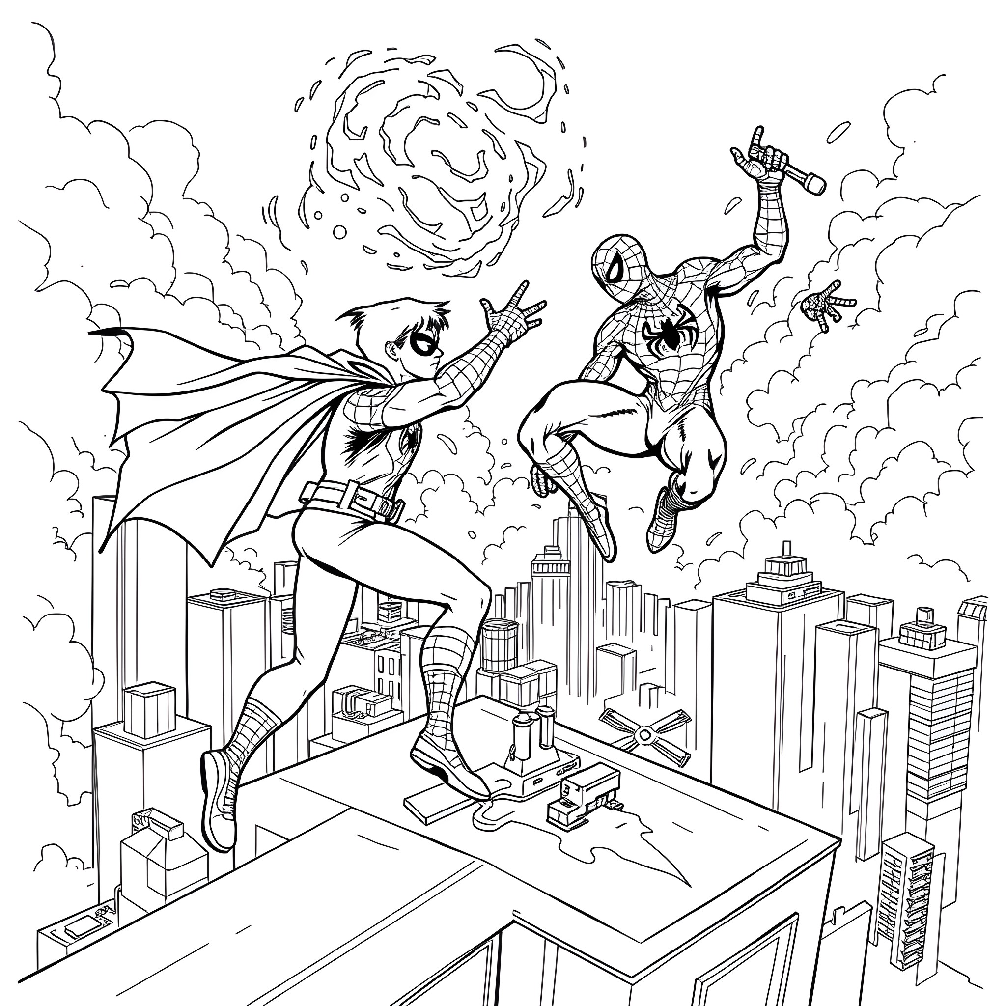 Robin and Spiderman battle over the city Coloring Page (free black-and-white line drawing printable PDF for all, from beginners to advanced learners, including children, teens, adults, and seniors)