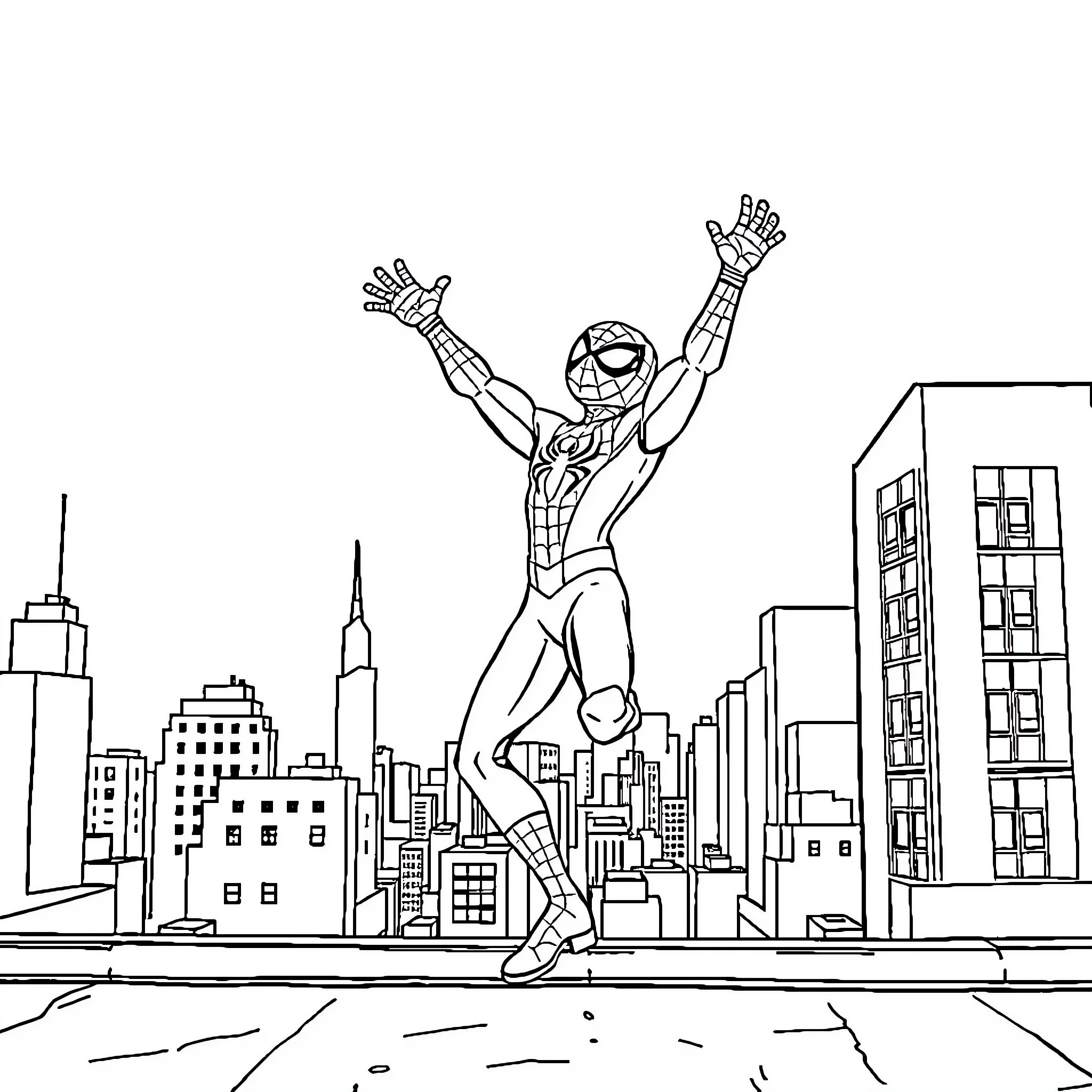 Spider-Man swinging through the city skyline Coloring Page (free black-and-white line drawing printable PDF for all, from beginners to advanced learners, including children, teens, adults, and seniors)