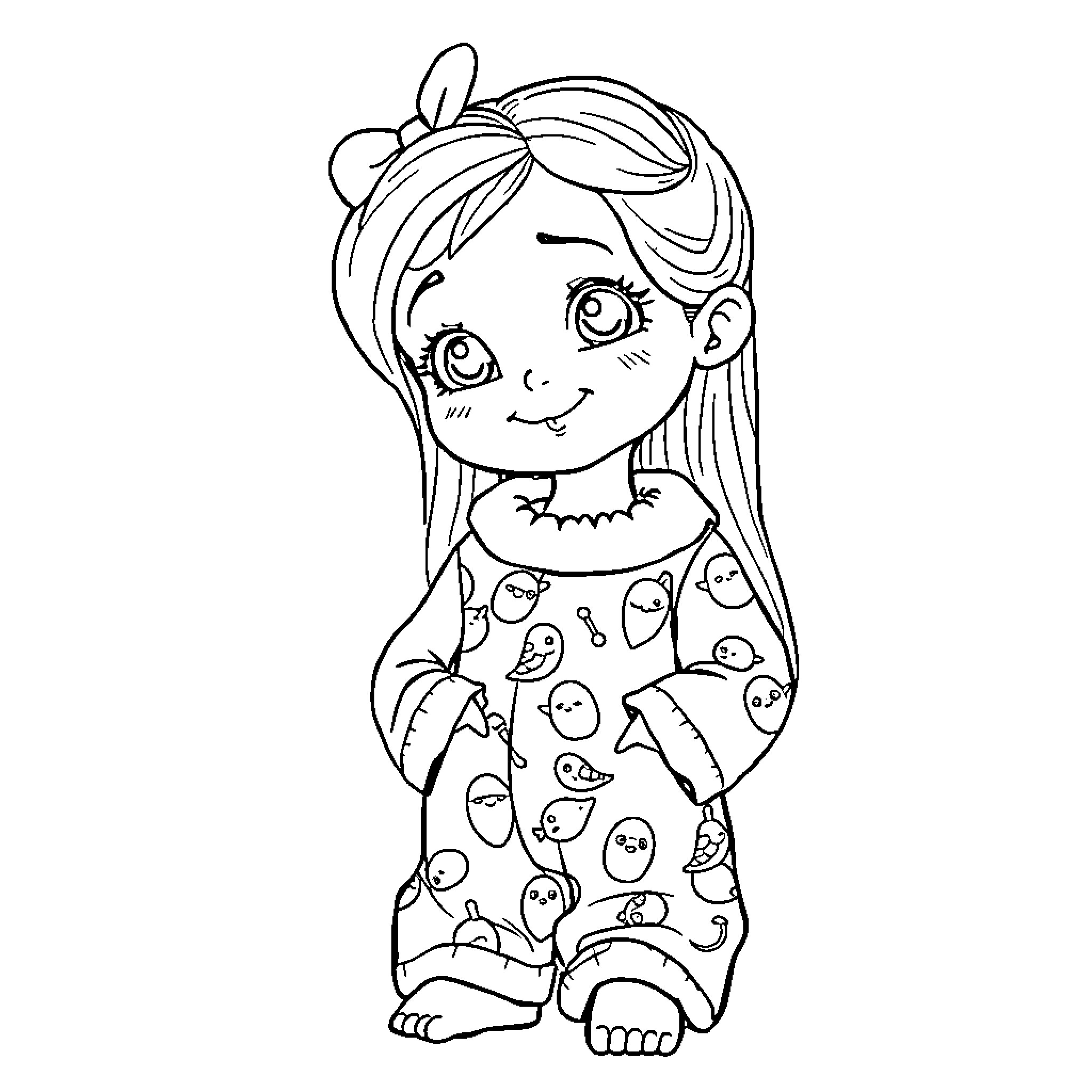 Nina smiling playfully in a patterned outfit Coloring Page (free black-and-white line drawing printable PDF for all, from beginners to advanced learners, including children, teens, adults, and seniors)