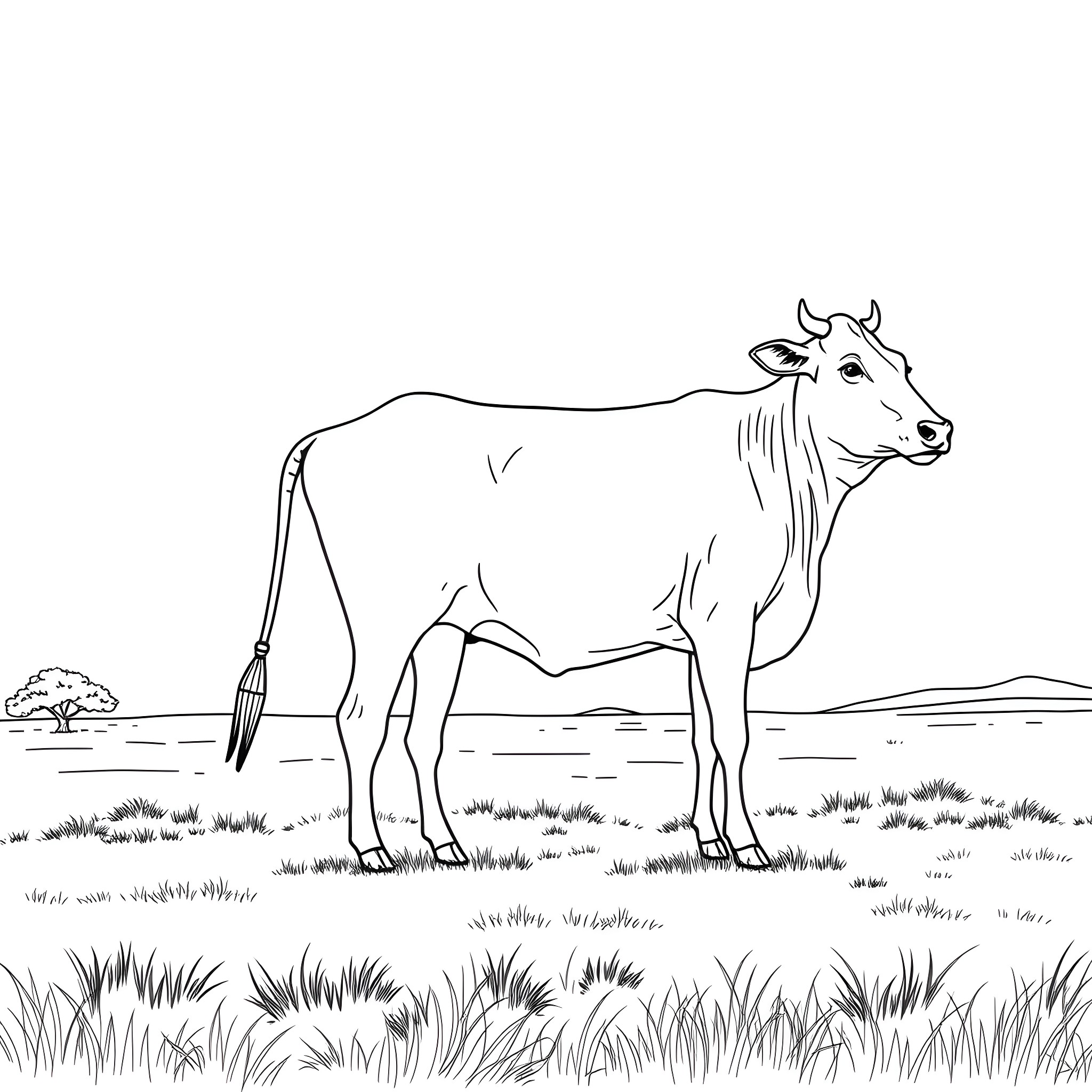 Cow standing in a grassy field Coloring Page (free black-and-white line drawing printable PDF for all, from beginners to advanced learners, including children, teens, adults, and seniors)