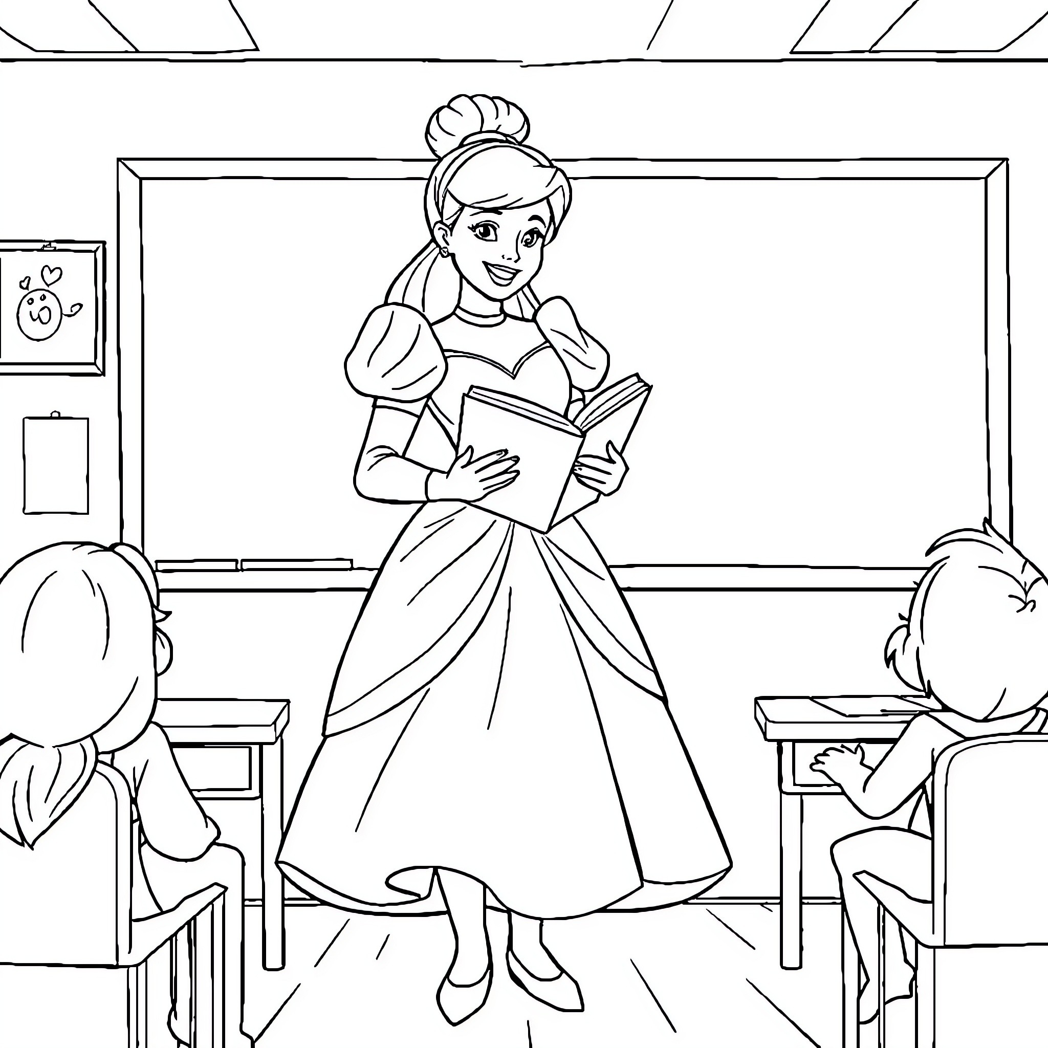 Cinderella teaching in the classroom Coloring Page (free black-and-white line drawing printable PDF for all, from beginners to advanced learners, including children, teens, adults, and seniors)