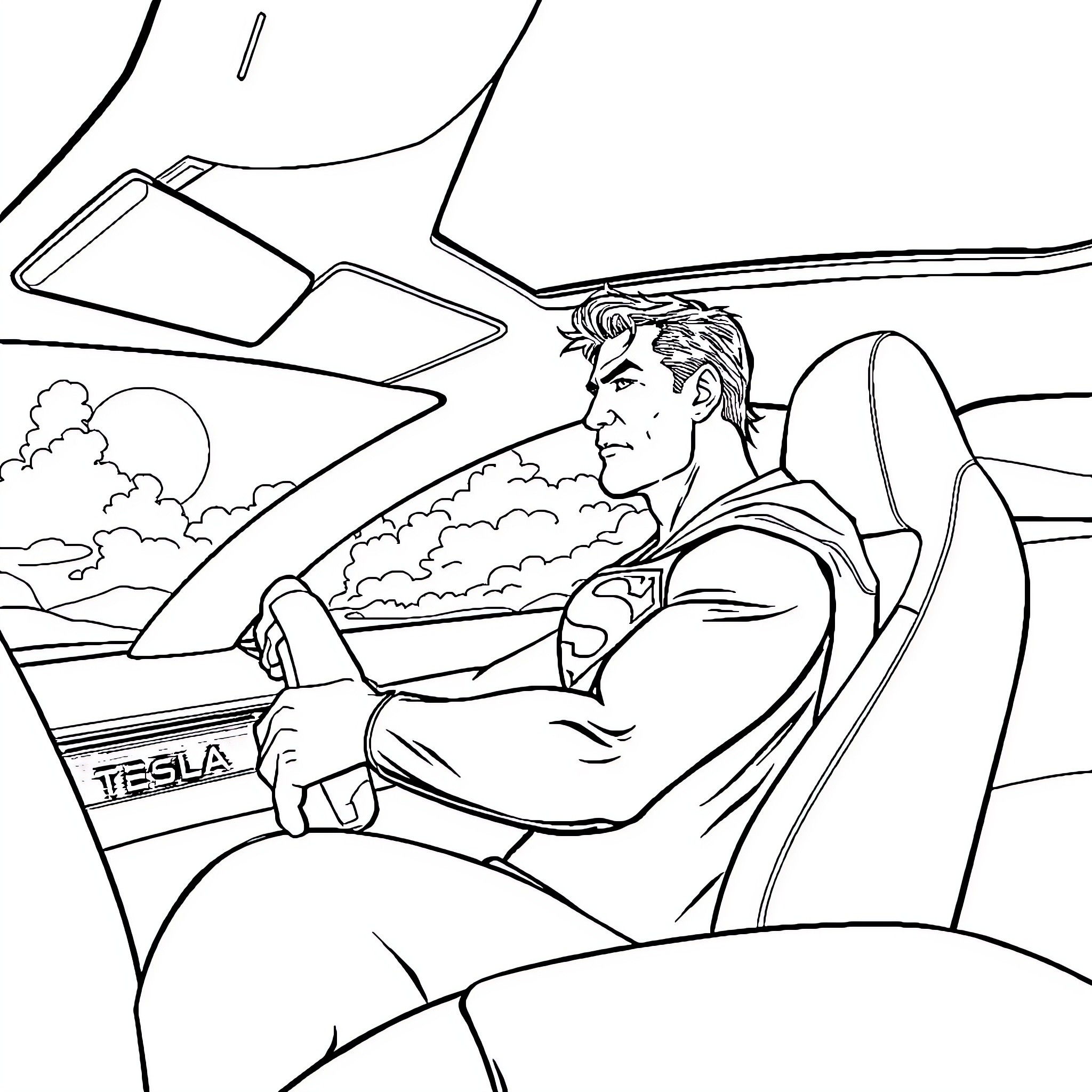 Superman driving a futuristic car through the clouds Coloring Page (free black-and-white line drawing printable PDF for all, from beginners to advanced learners, including children, teens, adults, and seniors)