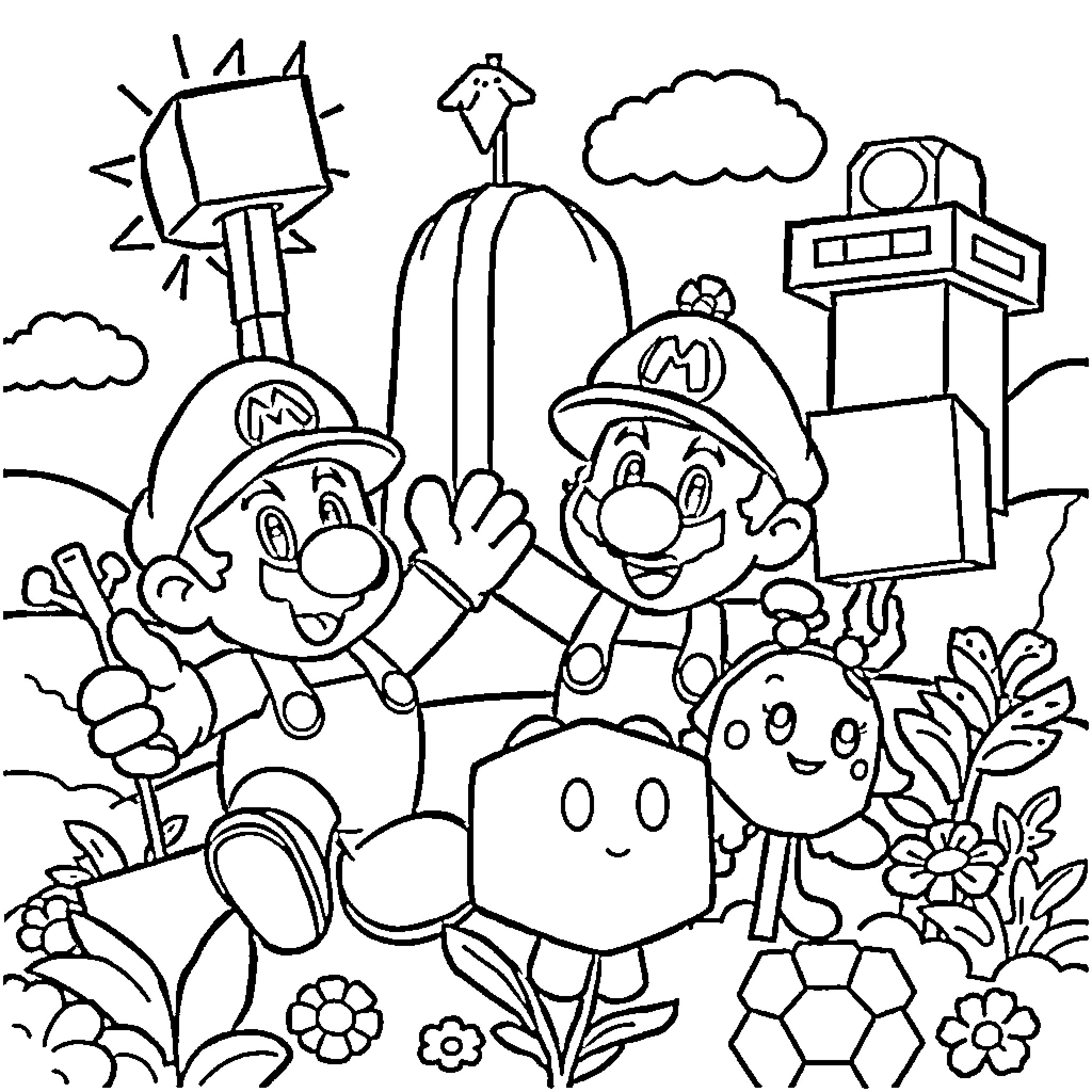 Numberblock Friends Enjoying Outdoor Adventure Coloring Page (free black-and-white line drawing printable PDF for all, from beginners to advanced learners, including children, teens, adults, and seniors)