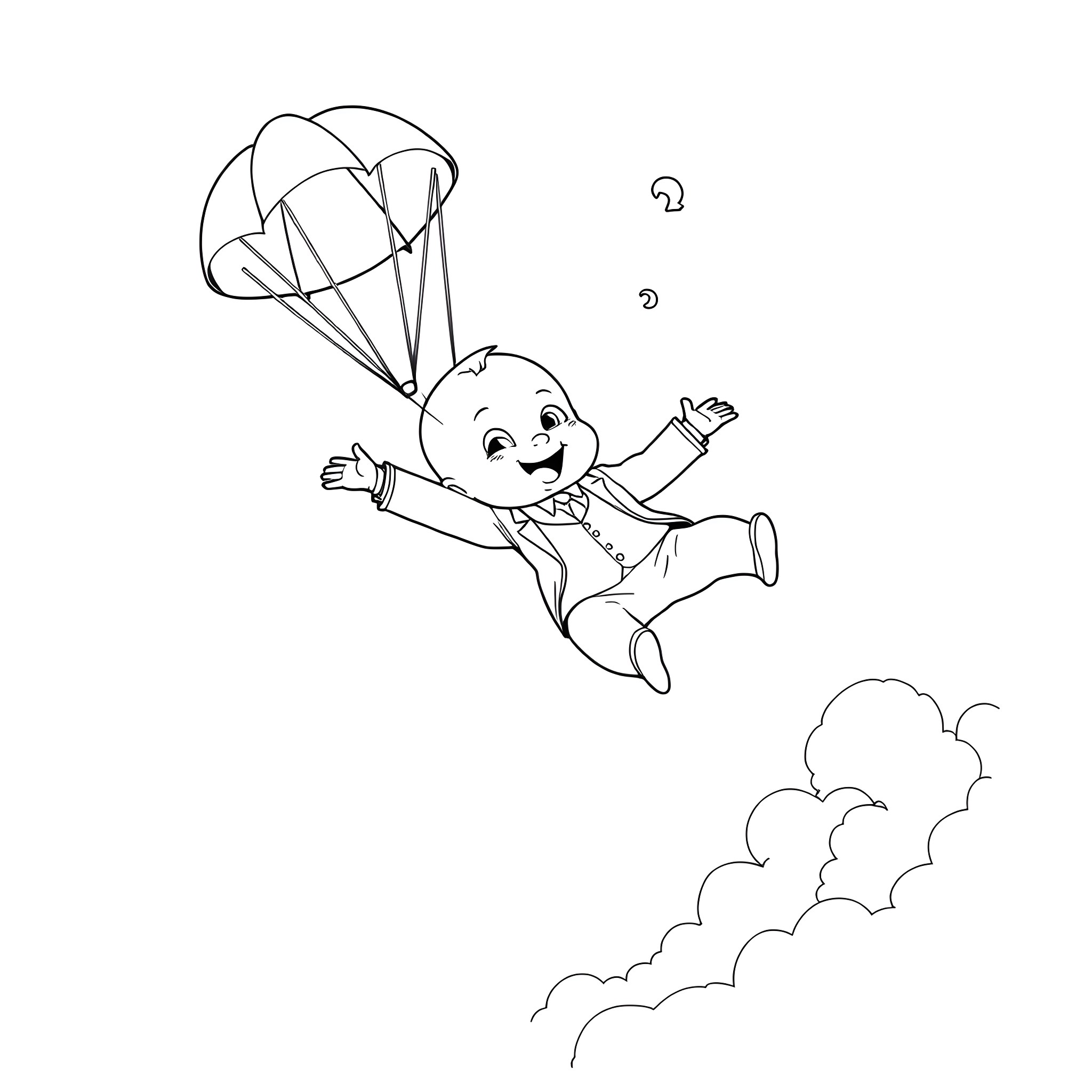 Boss Baby skydiving in the clouds Coloring Page (free black-and-white line drawing printable PDF for all, from beginners to advanced learners, including children, teens, adults, and seniors)