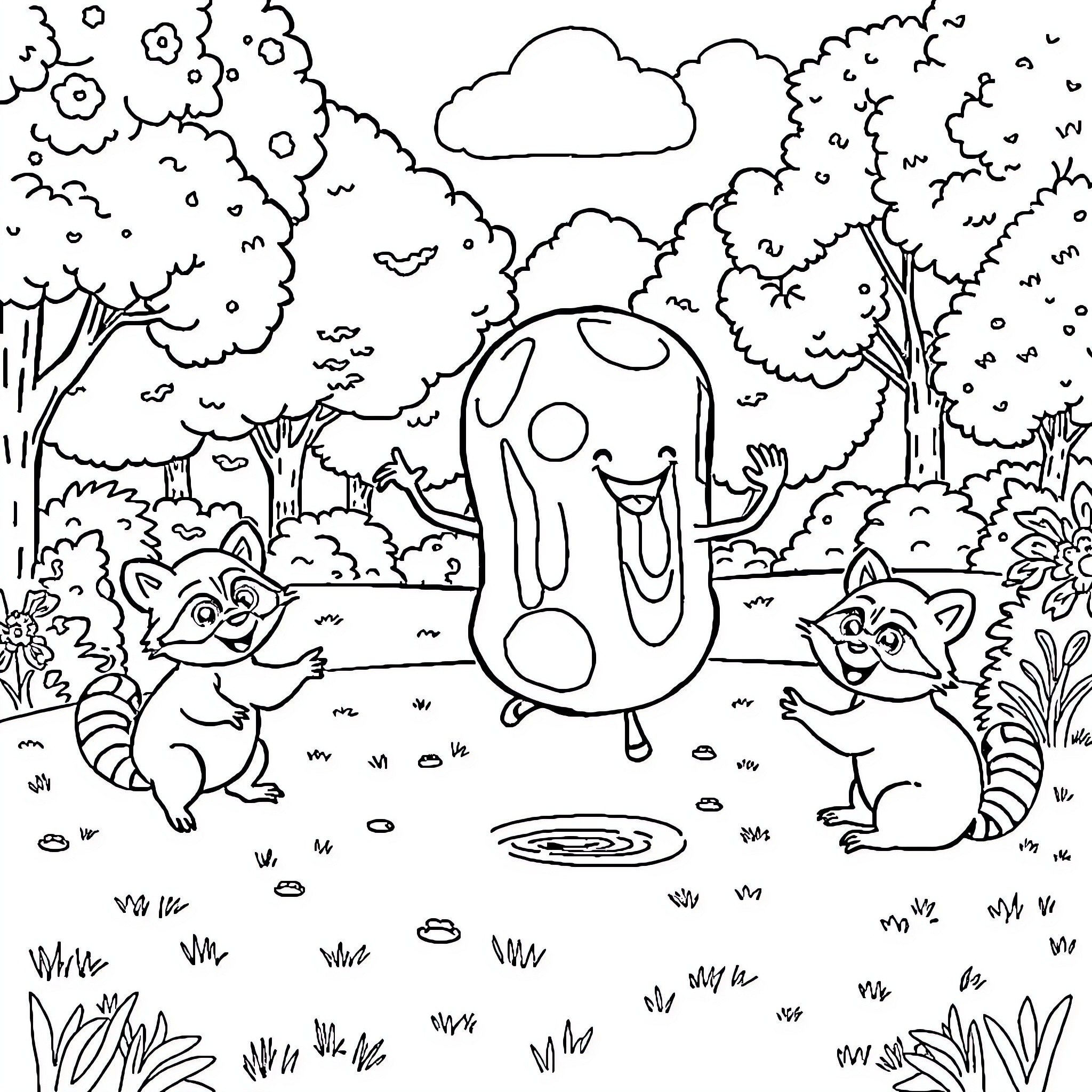 Jelly Roll's Magical Forest Adventure Coloring Page (free black-and-white line drawing printable PDF for all, from beginners to advanced learners, including children, teens, adults, and seniors)