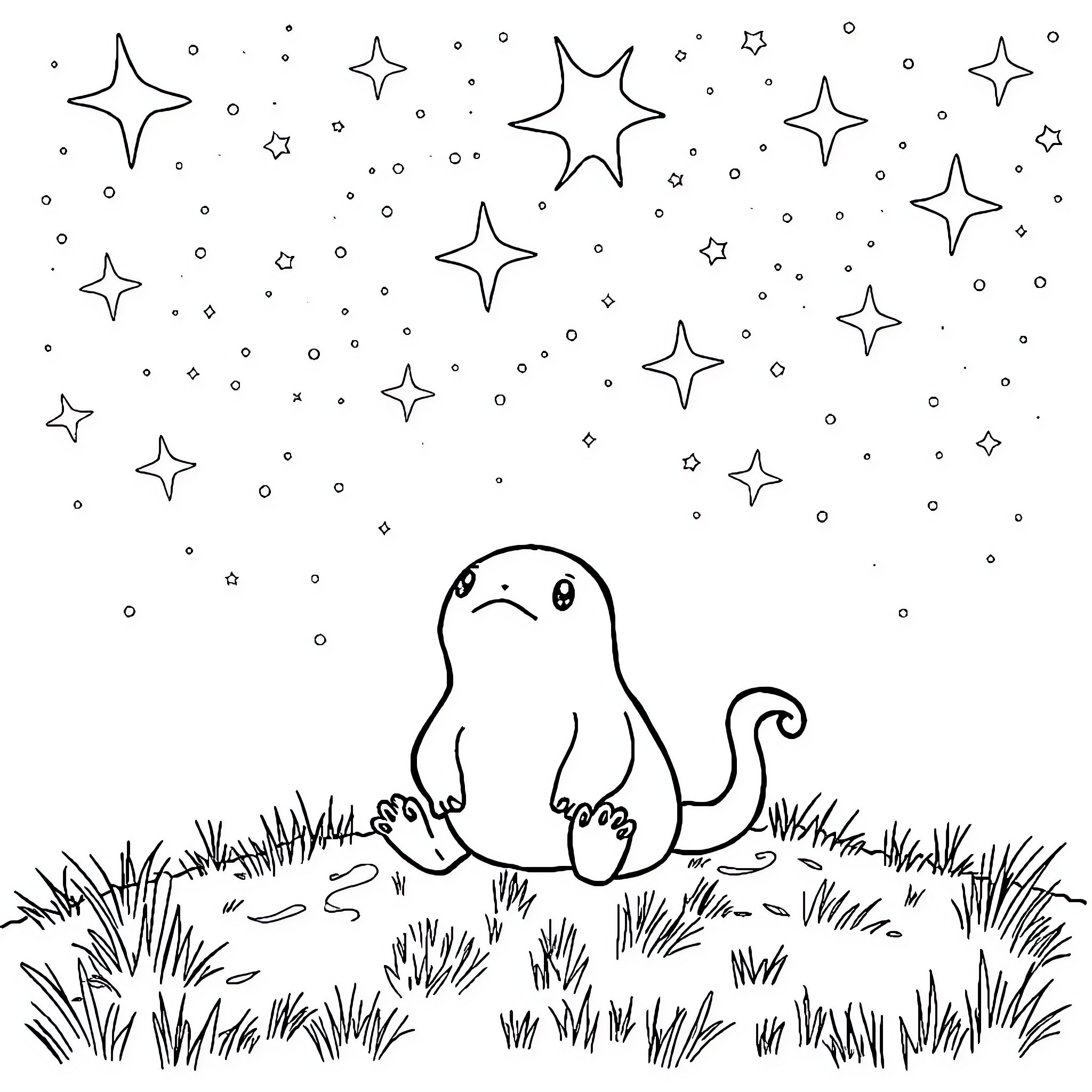 Grogu gazing at the starry night sky Coloring Page (free black-and-white line drawing printable PDF for all, from beginners to advanced learners, including children, teens, adults, and seniors)