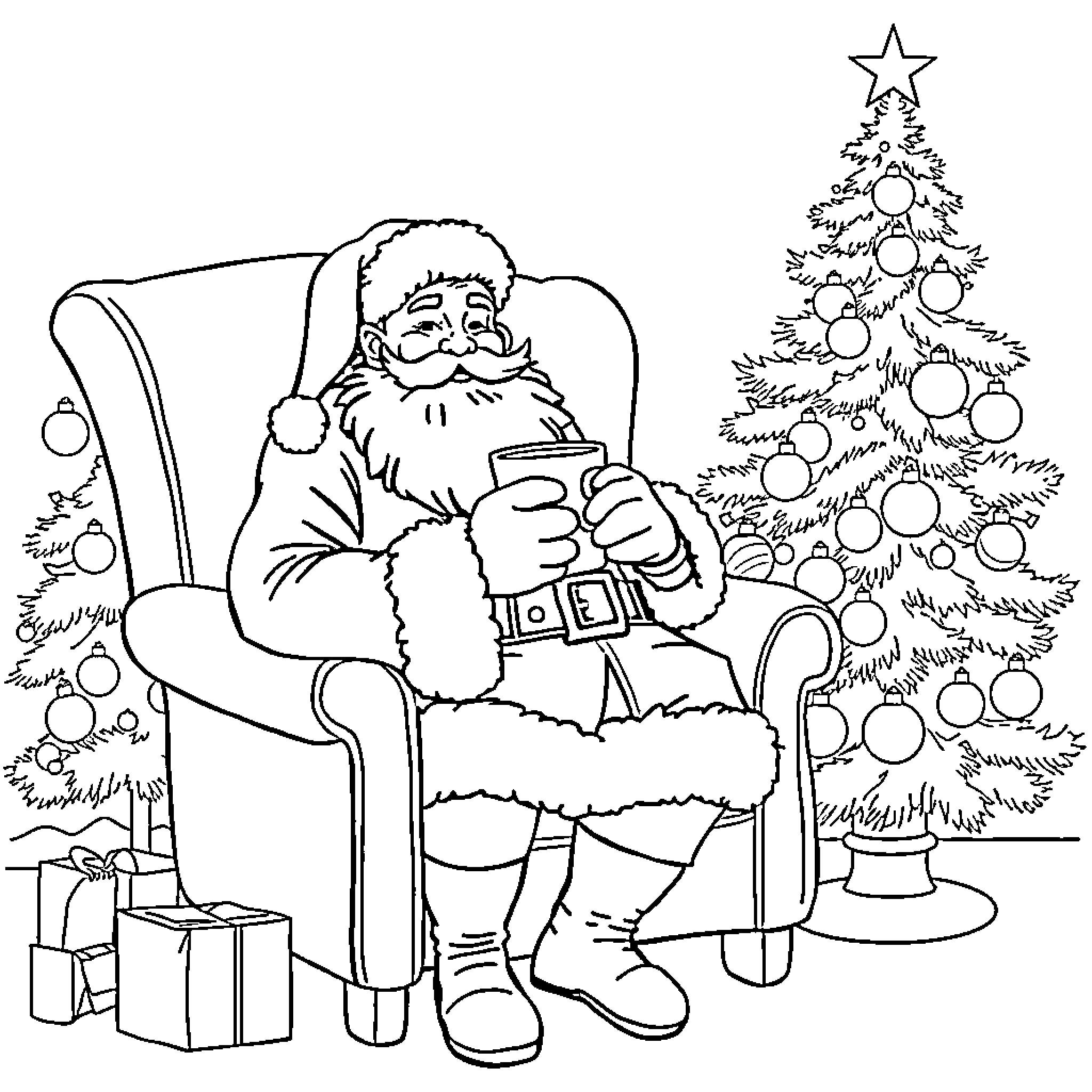 Santa relaxing by the Christmas tree Coloring Page (free black-and-white line drawing printable PDF for all, from beginners to advanced learners, including children, teens, adults, and seniors)