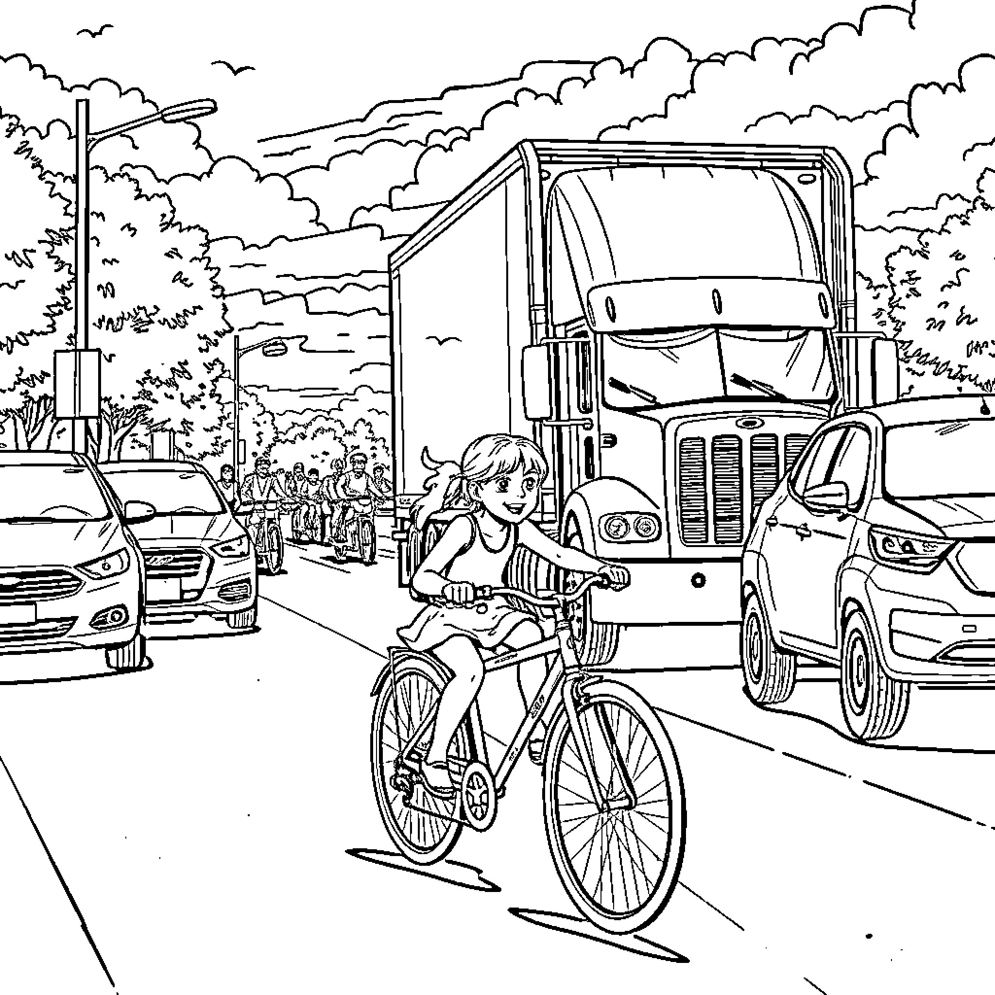 Girl riding bicycle on city street Coloring Page (free black-and-white line drawing printable PDF for all, from beginners to advanced learners, including children, teens, adults, and seniors)