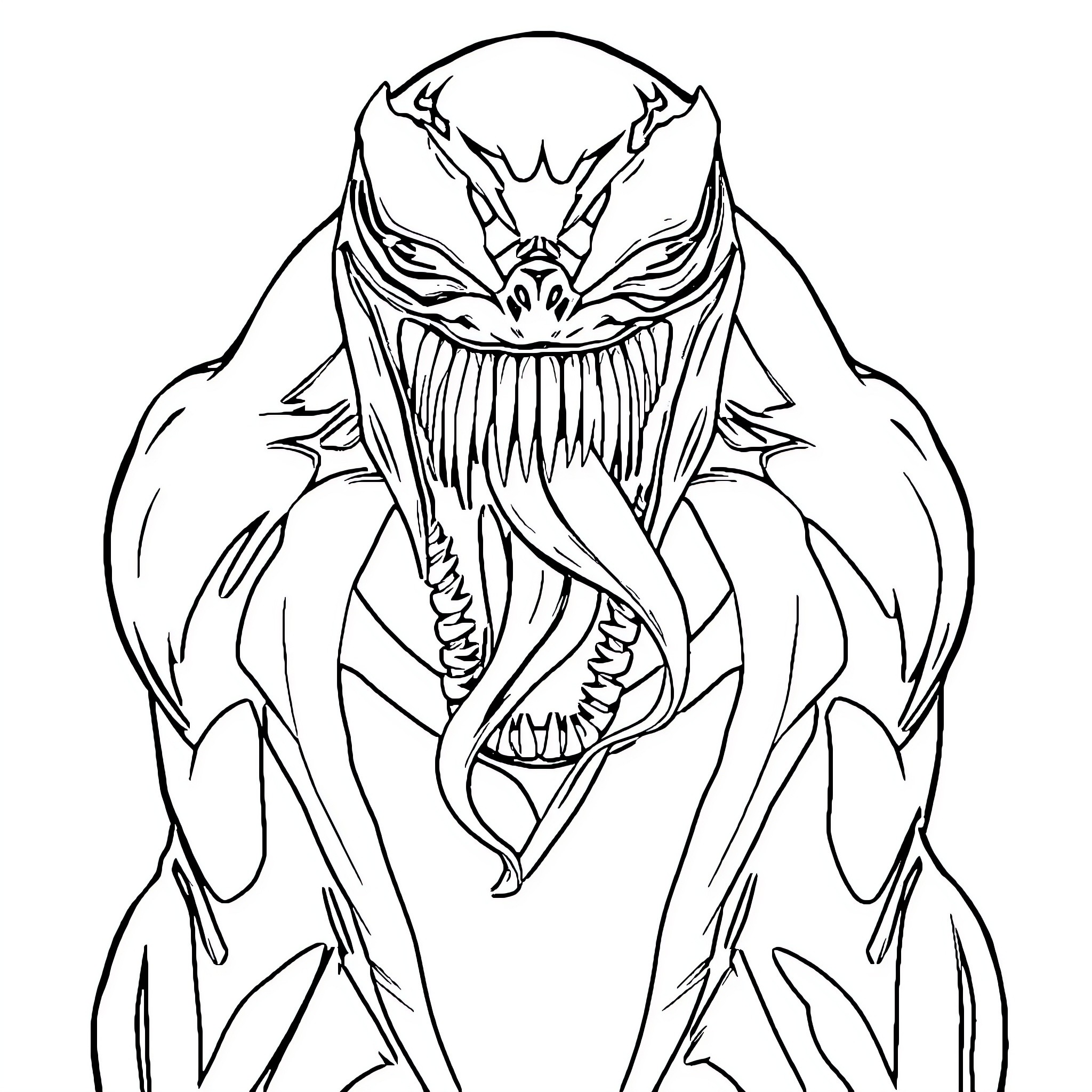 Venom Unleashed: Menacing Symbiote Creature Coloring Page (free black-and-white line drawing printable PDF for all, from beginners to advanced learners, including children, teens, adults, and seniors)