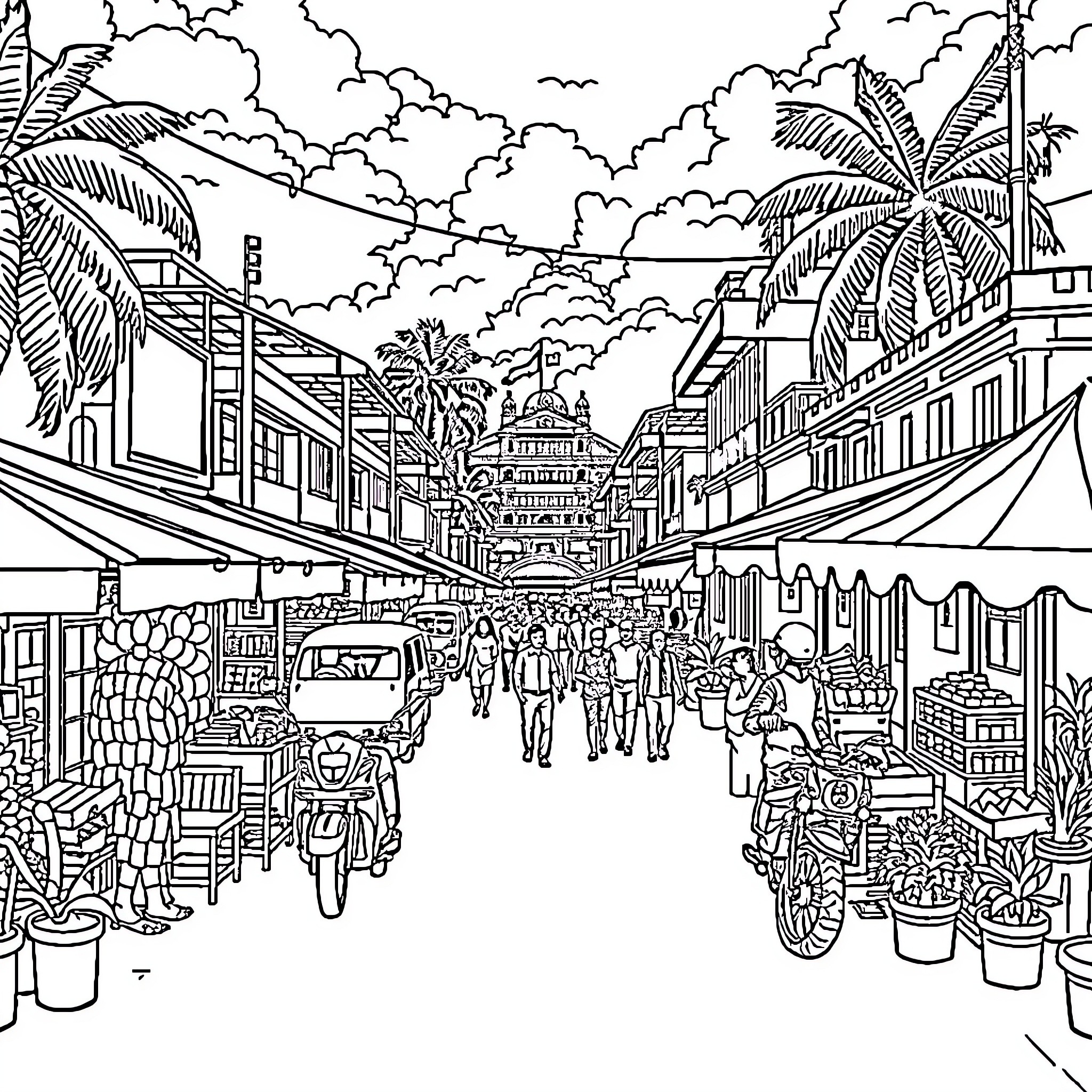 Thrissur Bustling Street Scene with Shops and People Coloring Page (free black-and-white line drawing printable PDF for all, from beginners to advanced learners, including children, teens, adults, and seniors)
