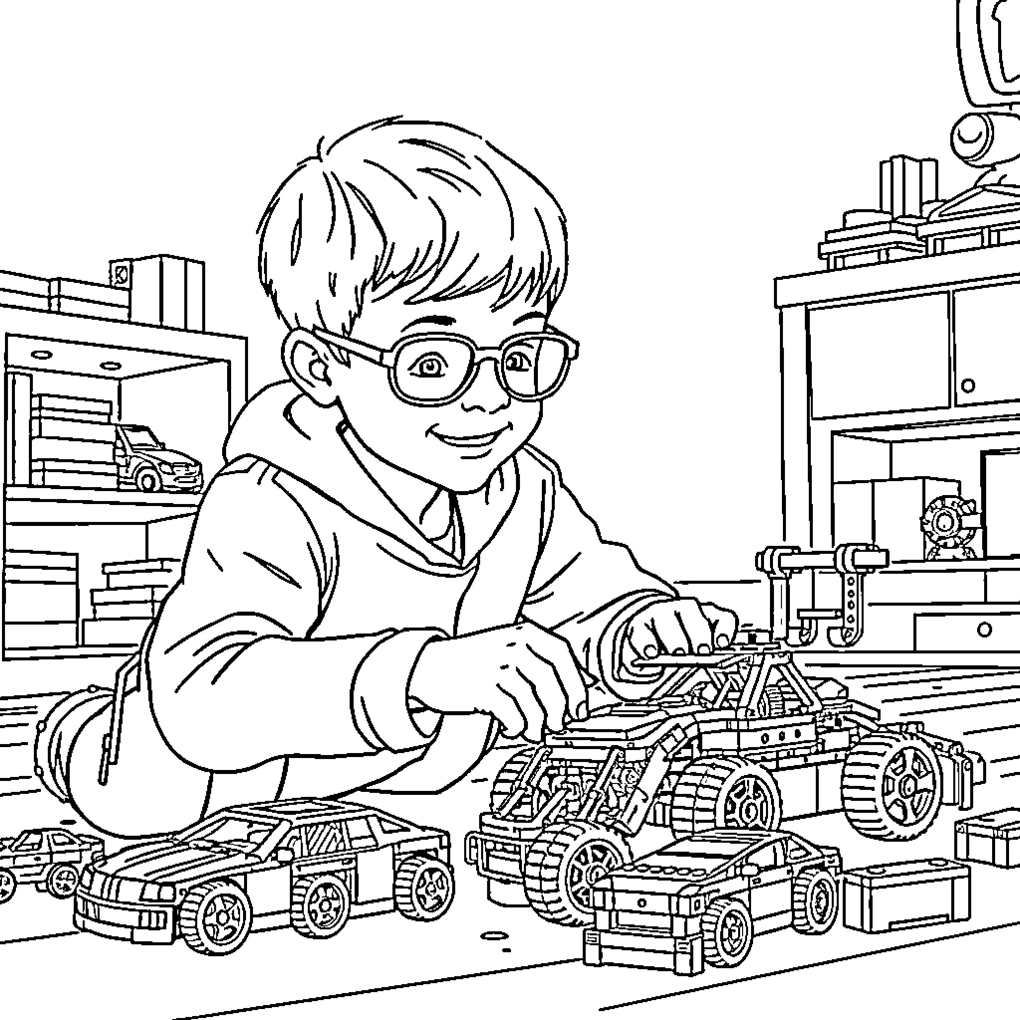 Boy Plays Joyfully With Toy Vehicles Coloring Page (free black-and-white line drawing printable PDF for all, from beginners to advanced learners, including children, teens, adults, and seniors)