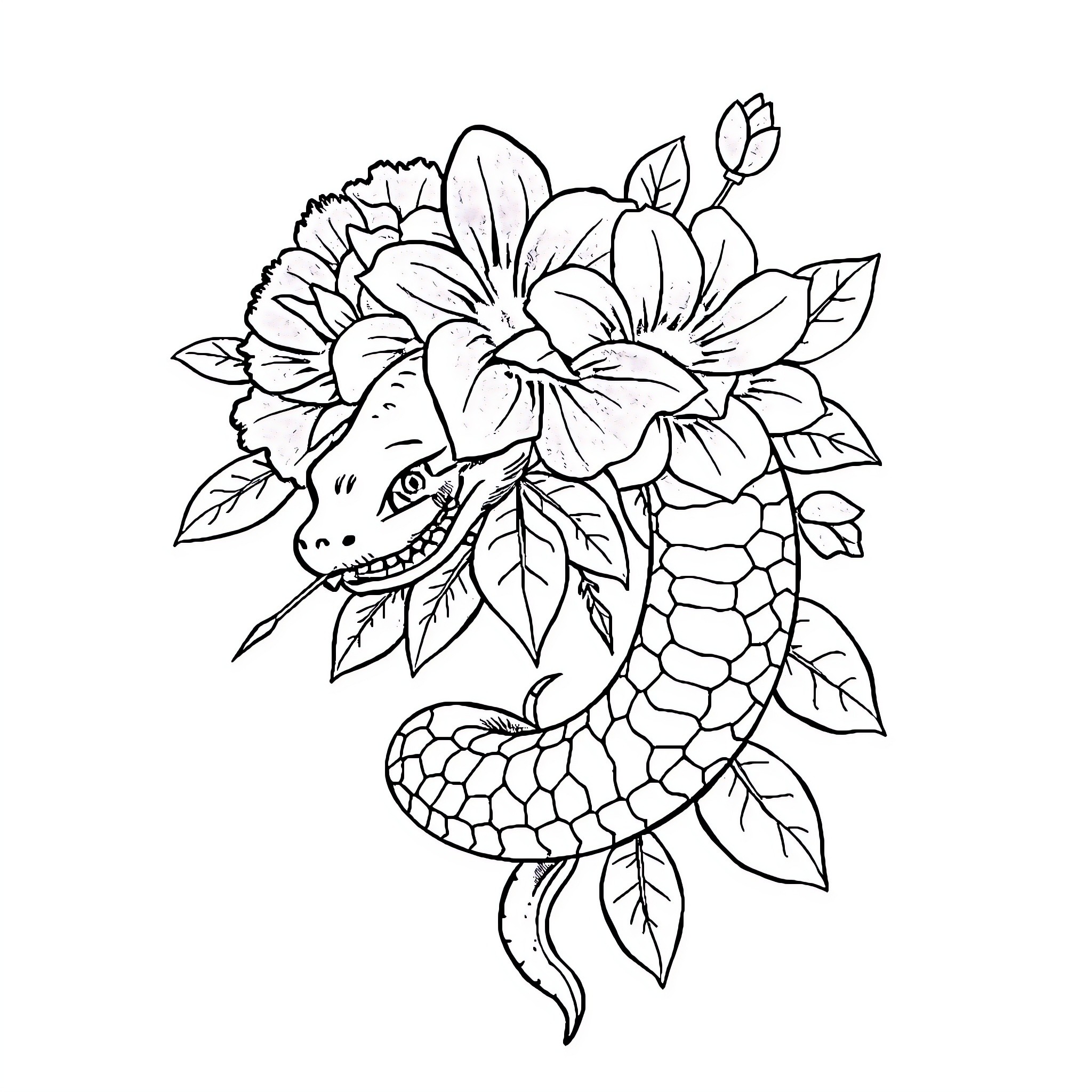 Tattoo of a floral snake with leaves Coloring Page (free black-and-white line drawing printable PDF for all, from beginners to advanced learners, including children, teens, adults, and seniors)