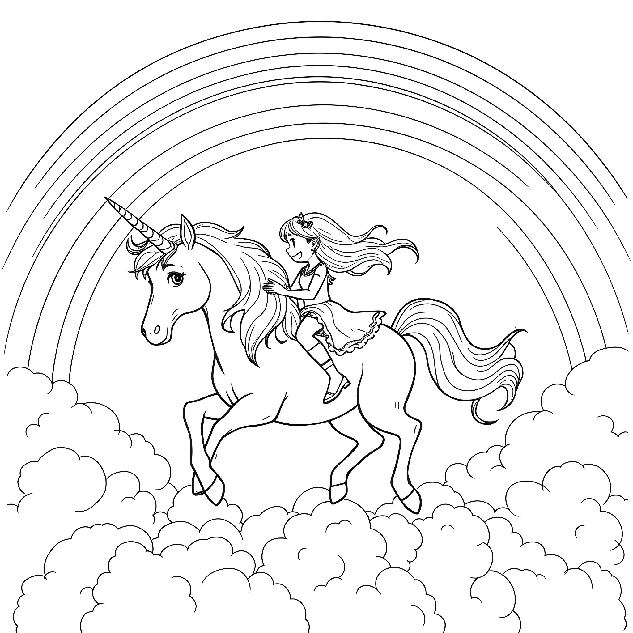 Girl riding a magical unicorn through the clouds Coloring Page (free black-and-white line drawing printable PDF for all, from beginners to advanced learners, including children, teens, adults, and seniors)