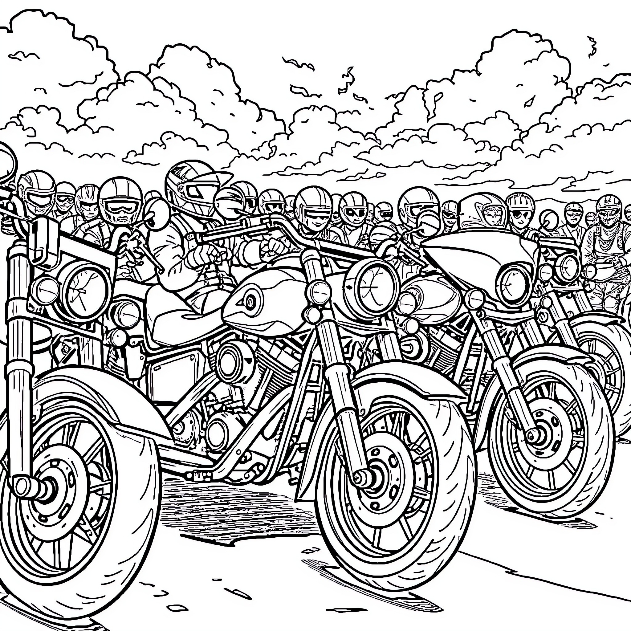 Moto Riders in the Clouds Coloring Page (free black-and-white line drawing printable PDF for all, from beginners to advanced learners, including children, teens, adults, and seniors)