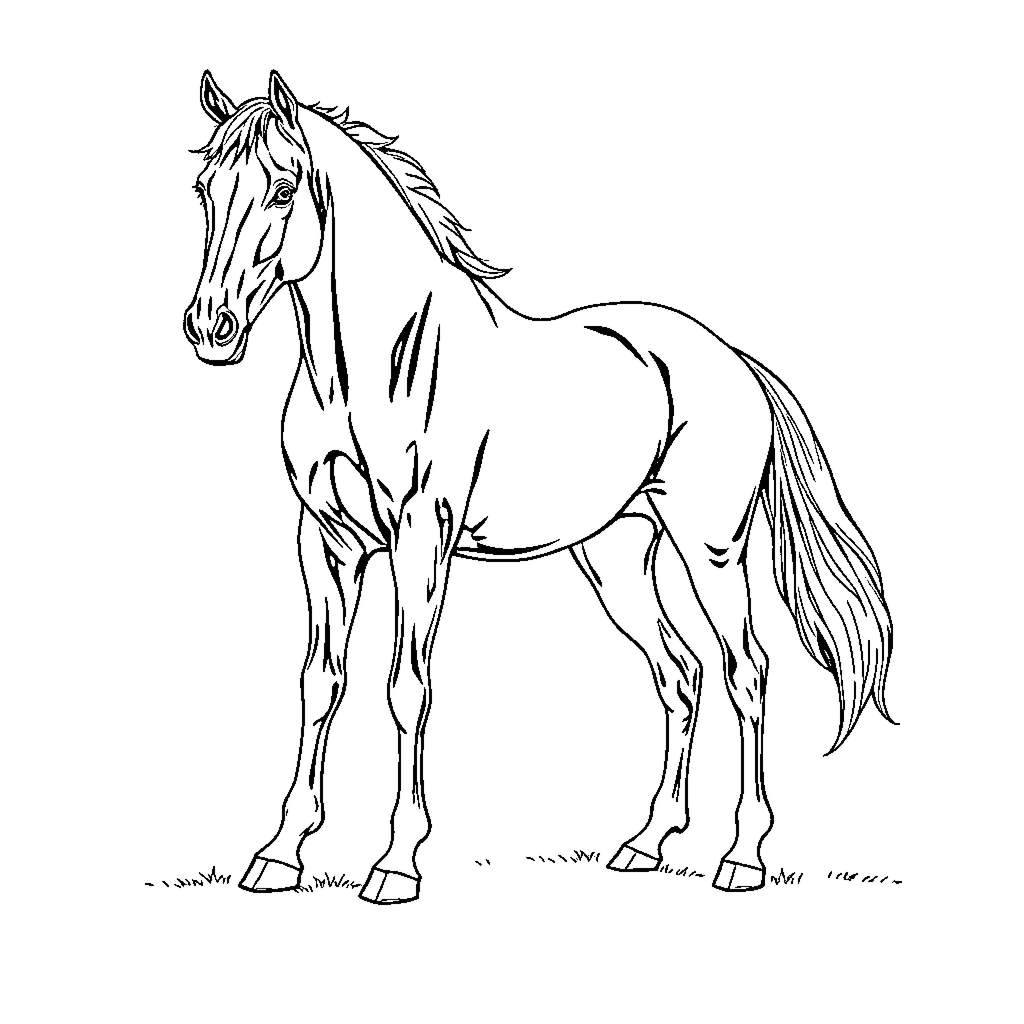 Horse standing gracefully in the field Coloring Page (free black-and-white line drawing printable PDF for all, from beginners to advanced learners, including children, teens, adults, and seniors)