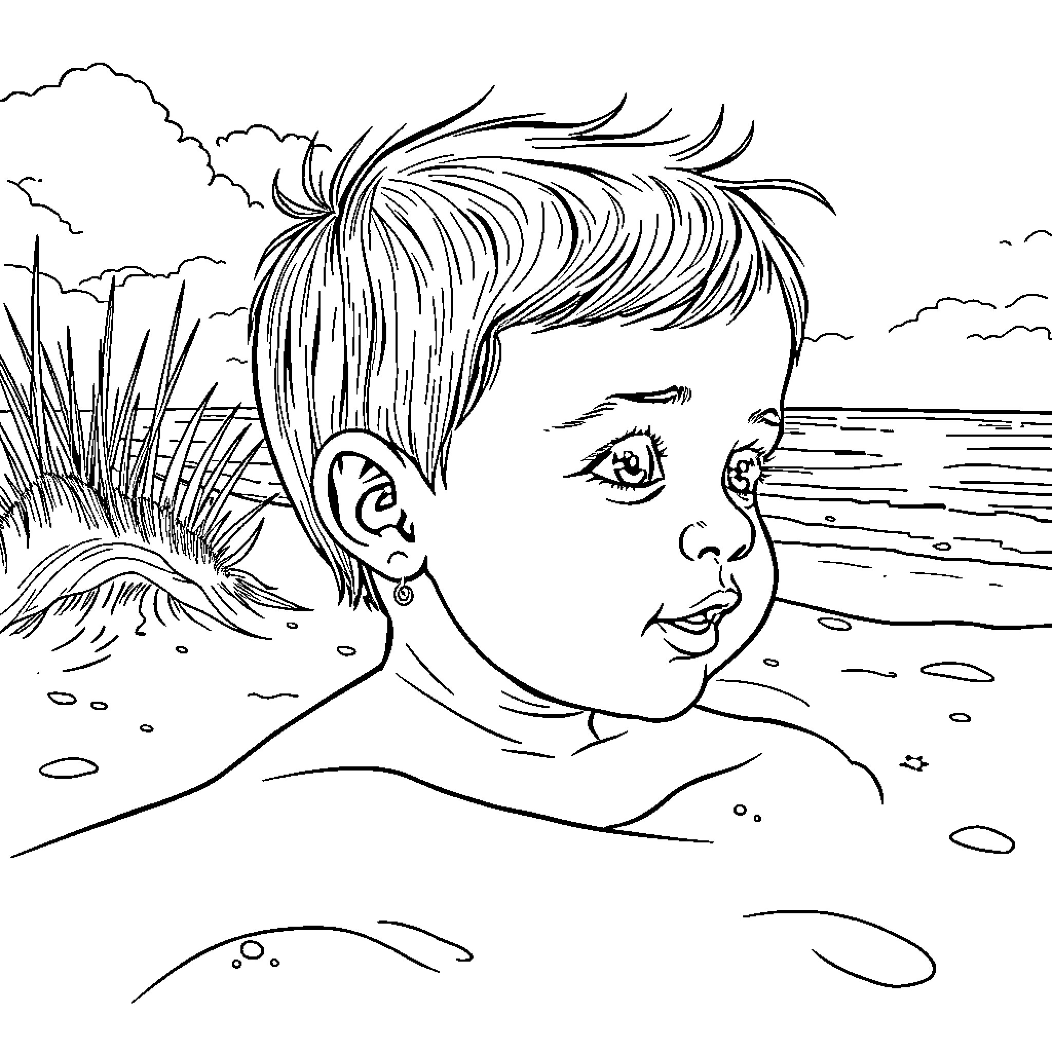 Toddler playing by the beach Coloring Page (free black-and-white line drawing printable PDF for all, from beginners to advanced learners, including children, teens, adults, and seniors)