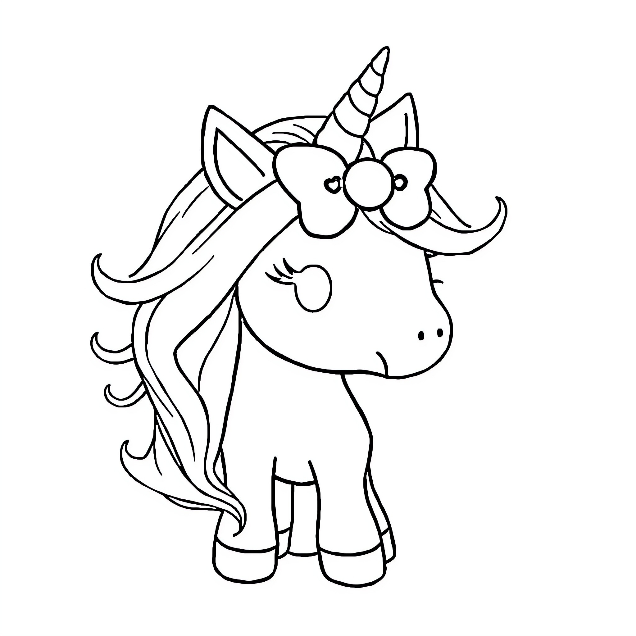 Unicorn with flowers in whimsical pose Coloring Page (free black-and-white line drawing printable PDF for all, from beginners to advanced learners, including children, teens, adults, and seniors)