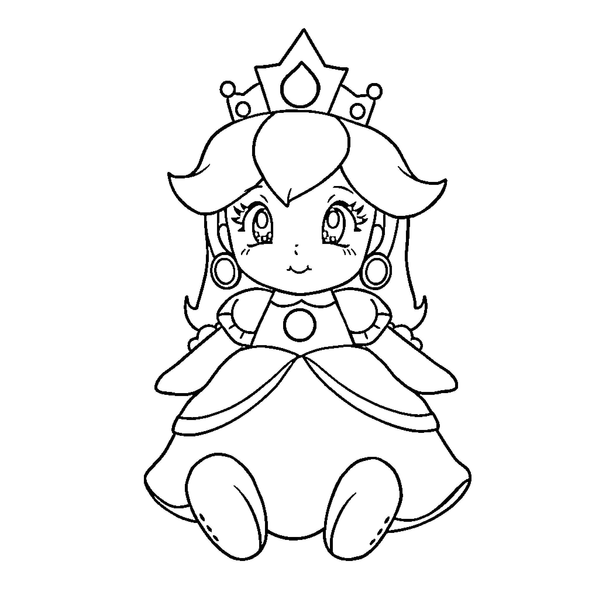 Princess Peach in a regal pose Coloring Page (free black-and-white line drawing printable PDF for all, from beginners to advanced learners, including children, teens, adults, and seniors)