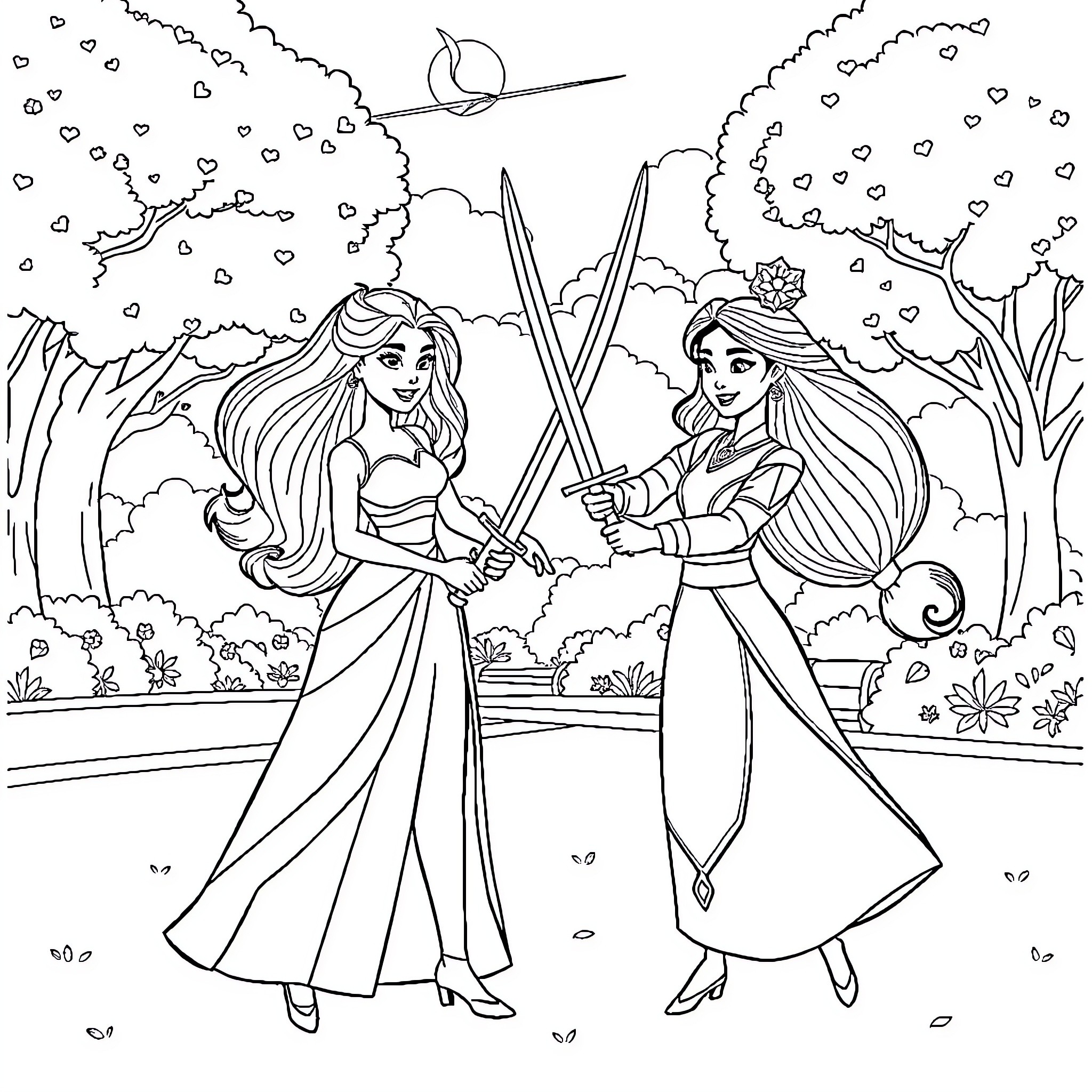 Barbie princesses engage in a sword fight in the woods Coloring Page (free black-and-white line drawing printable PDF for all, from beginners to advanced learners, including children, teens, adults, and seniors)
