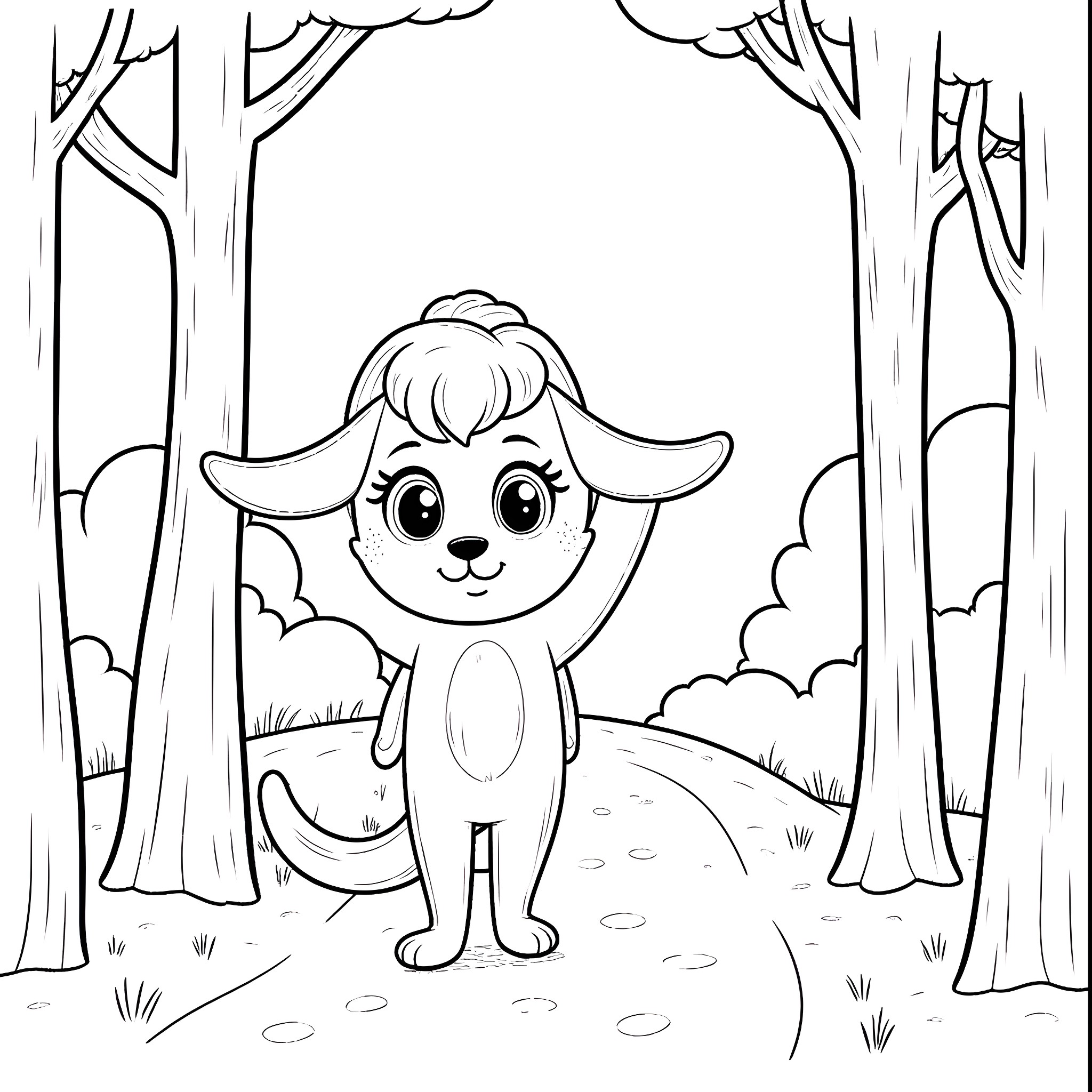 Blue Bunny Frolicking in the Forest Coloring Page (free black-and-white line drawing printable PDF for all, from beginners to advanced learners, including children, teens, adults, and seniors)