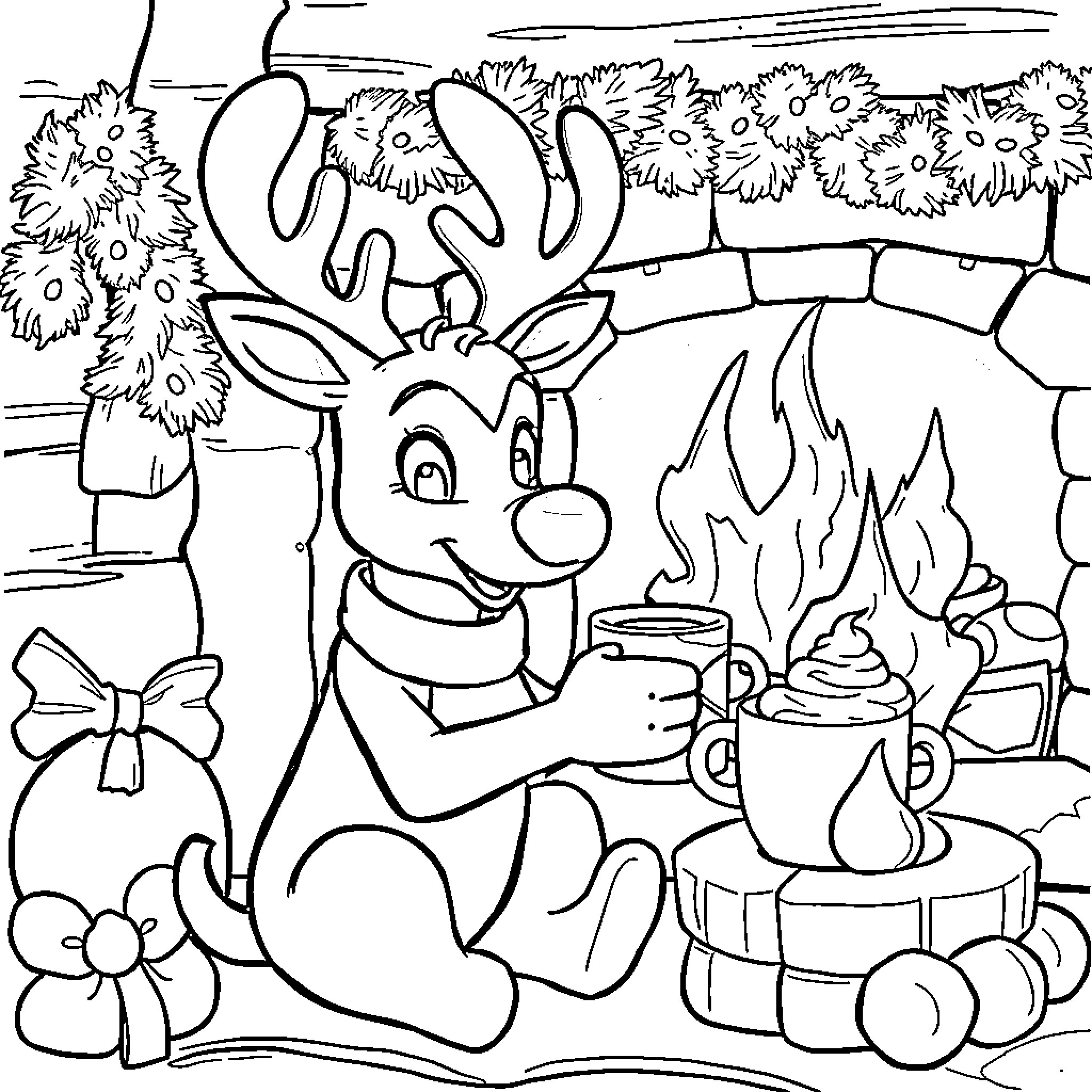 Rudolph Enjoying a Hot Beverage by the Campfire Coloring Page (free black-and-white line drawing printable PDF for all, from beginners to advanced learners, including children, teens, adults, and seniors)