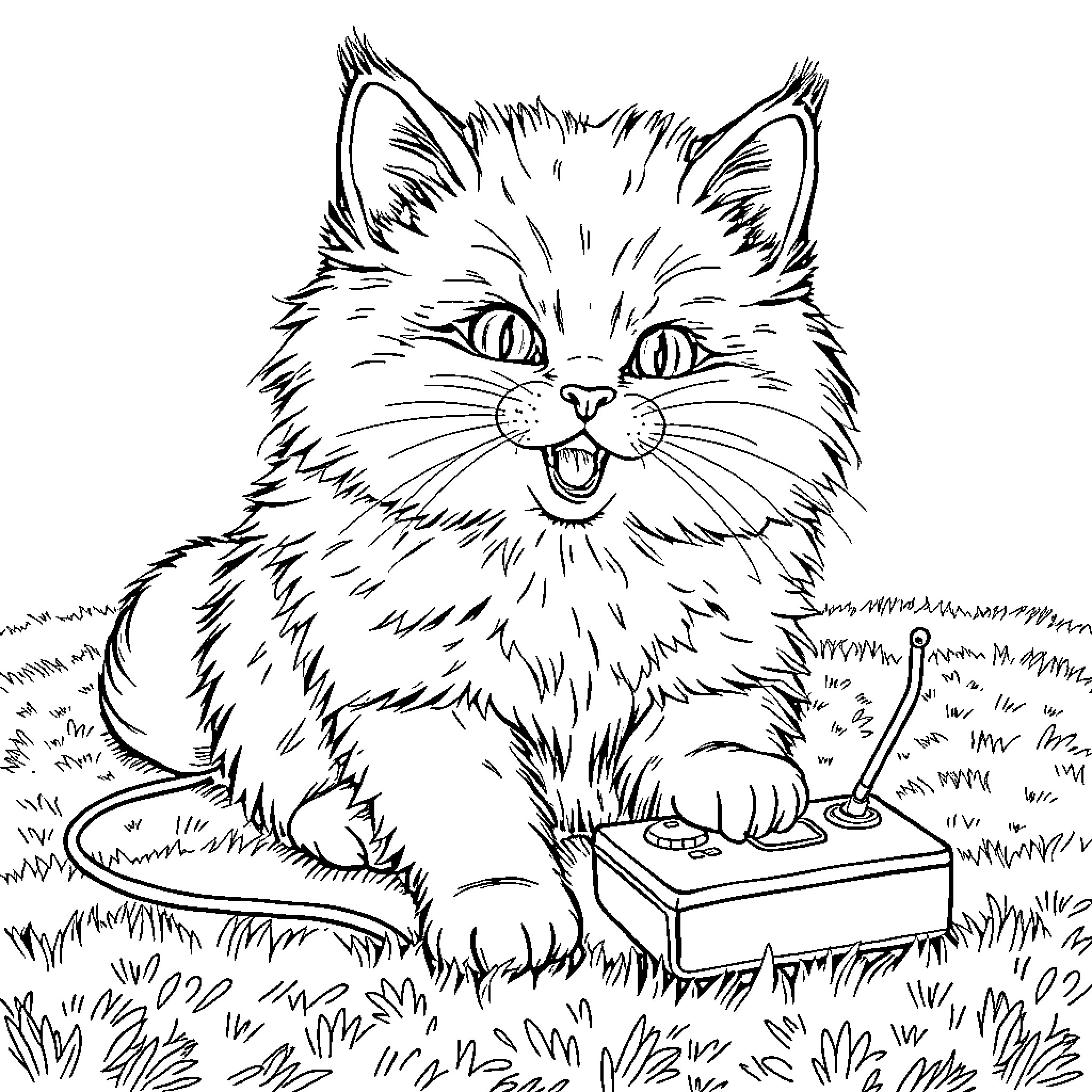 Cat playing with toy on the grass Coloring Page (free black-and-white line drawing printable PDF for all, from beginners to advanced learners, including children, teens, adults, and seniors)