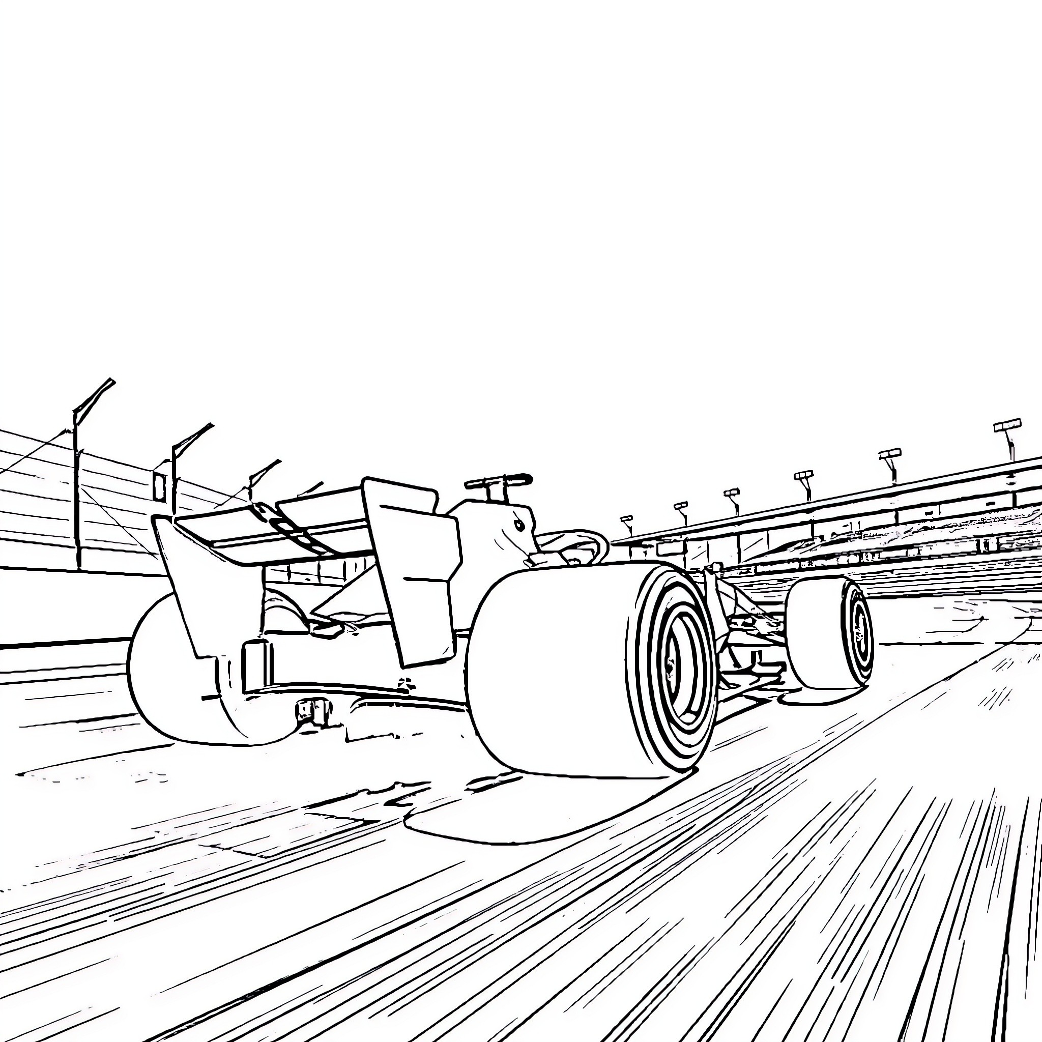 F1 Car speeding on race track Coloring Page (free black-and-white line drawing printable PDF for all, from beginners to advanced learners, including children, teens, adults, and seniors)