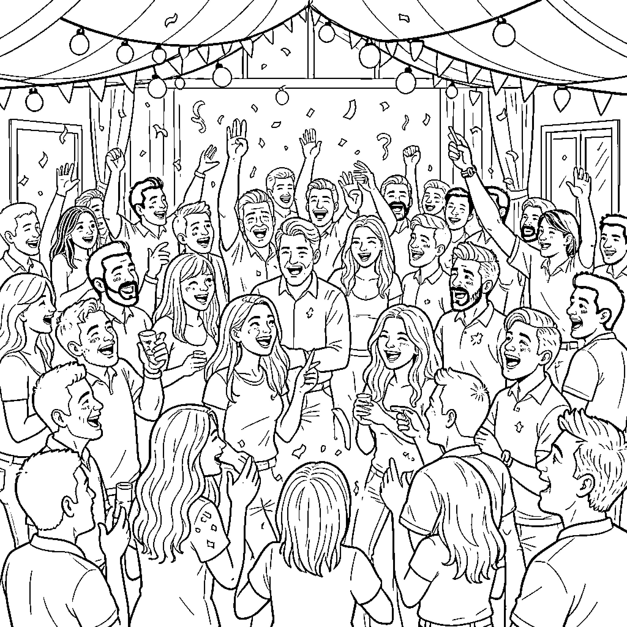 Gang celebrating in lively party atmosphere Coloring Page (free black-and-white line drawing printable PDF for all, from beginners to advanced learners, including children, teens, adults, and seniors)