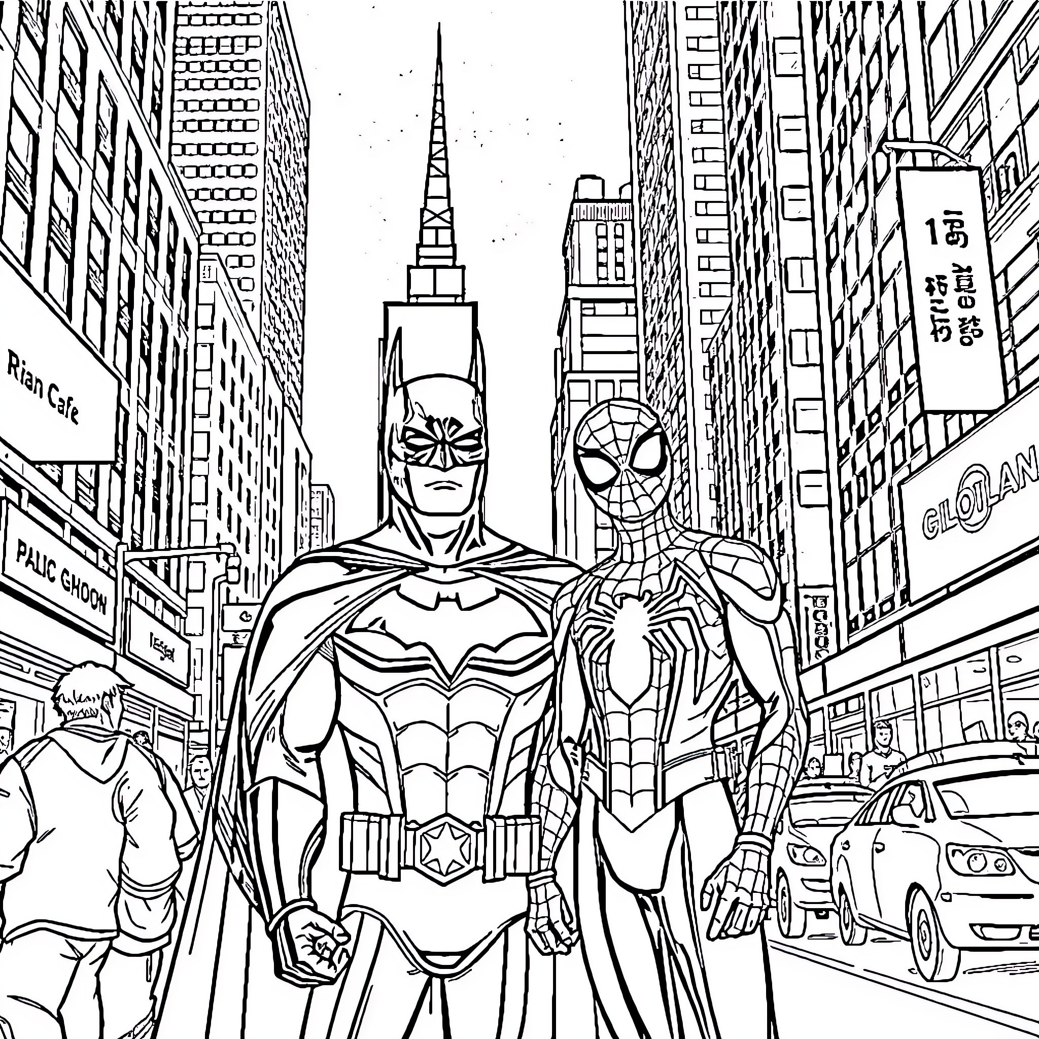 Batman and Spiderman patrol the bustling city streets Coloring Page (free black-and-white line drawing printable PDF for all, from beginners to advanced learners, including children, teens, adults, and seniors)