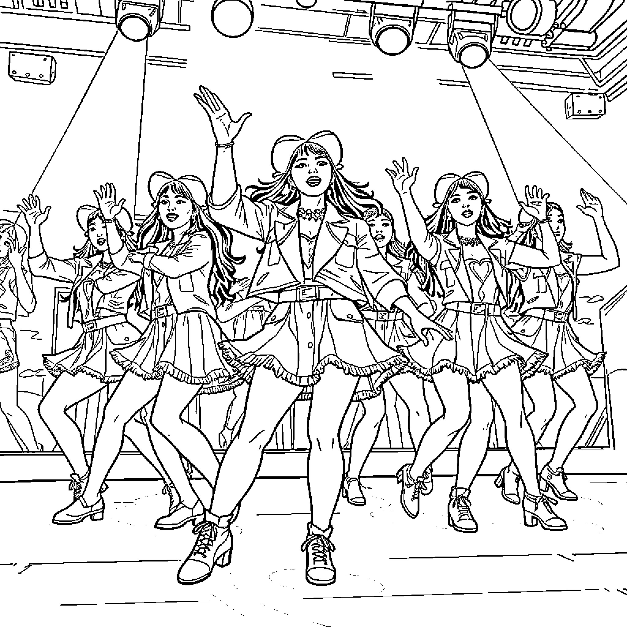 K Pop Warrior Dancers Perform on Stage Coloring Page (free black-and-white line drawing printable PDF for all, from beginners to advanced learners, including children, teens, adults, and seniors)