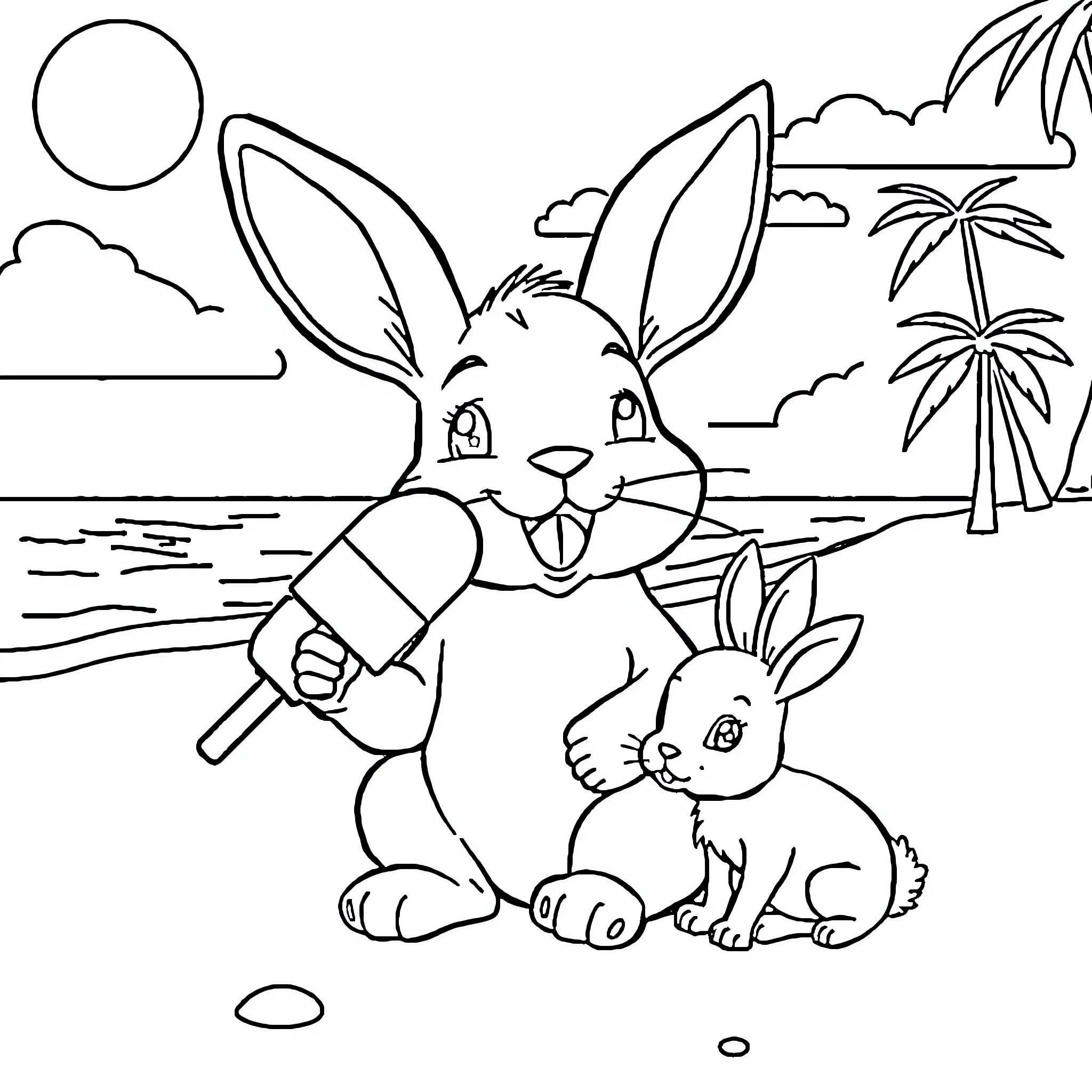 Bunny siblings enjoying the beach Coloring Page (free black-and-white line drawing printable PDF for all, from beginners to advanced learners, including children, teens, adults, and seniors)