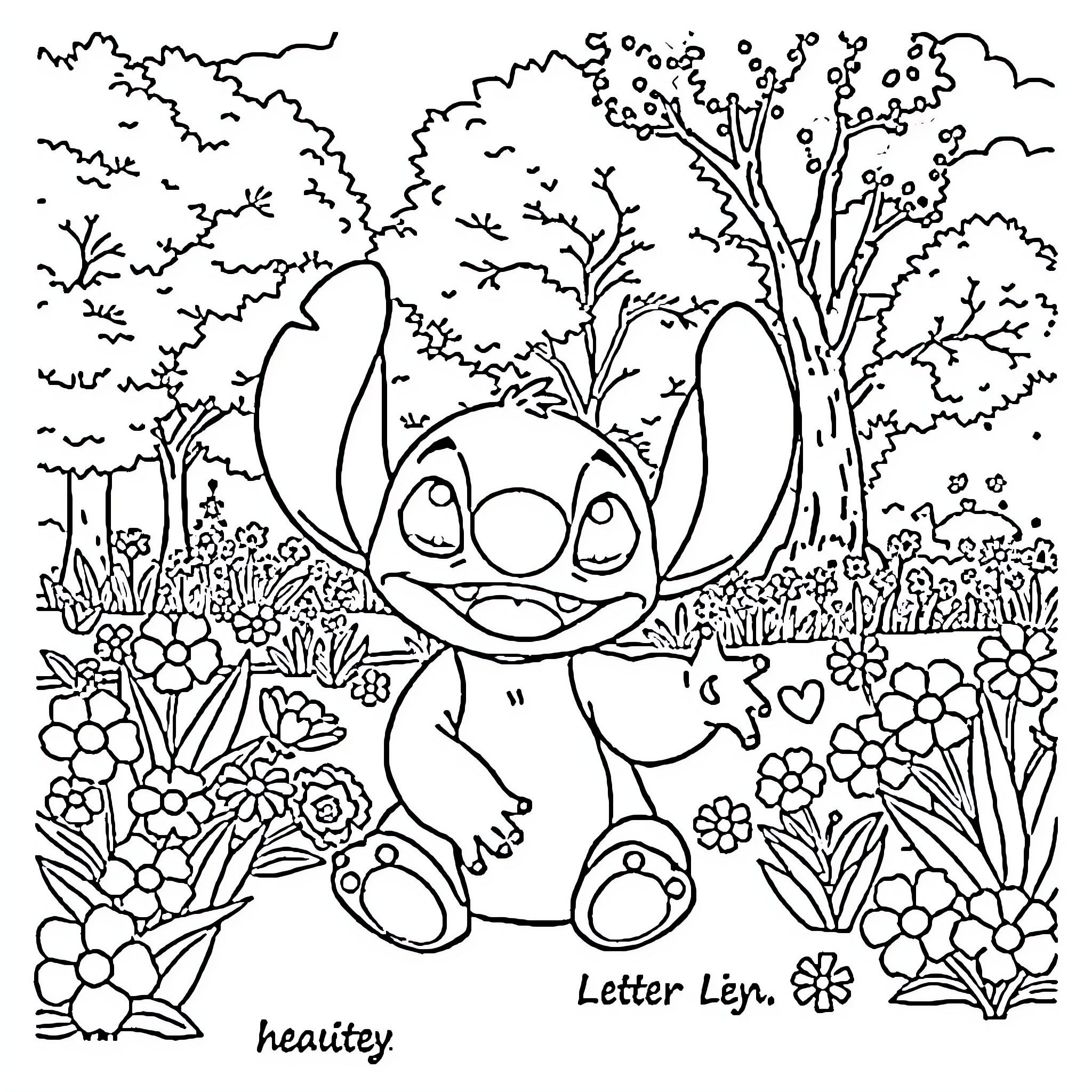 Stitch amid whimsical flora and fauna Coloring Page (free black-and-white line drawing printable PDF for all, from beginners to advanced learners, including children, teens, adults, and seniors)