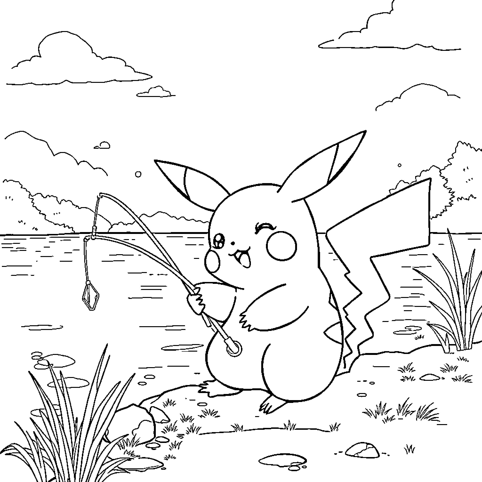 Pikachu fishing happily by the lakeside Coloring Page (free black-and-white line drawing printable PDF for all, from beginners to advanced learners, including children, teens, adults, and seniors)