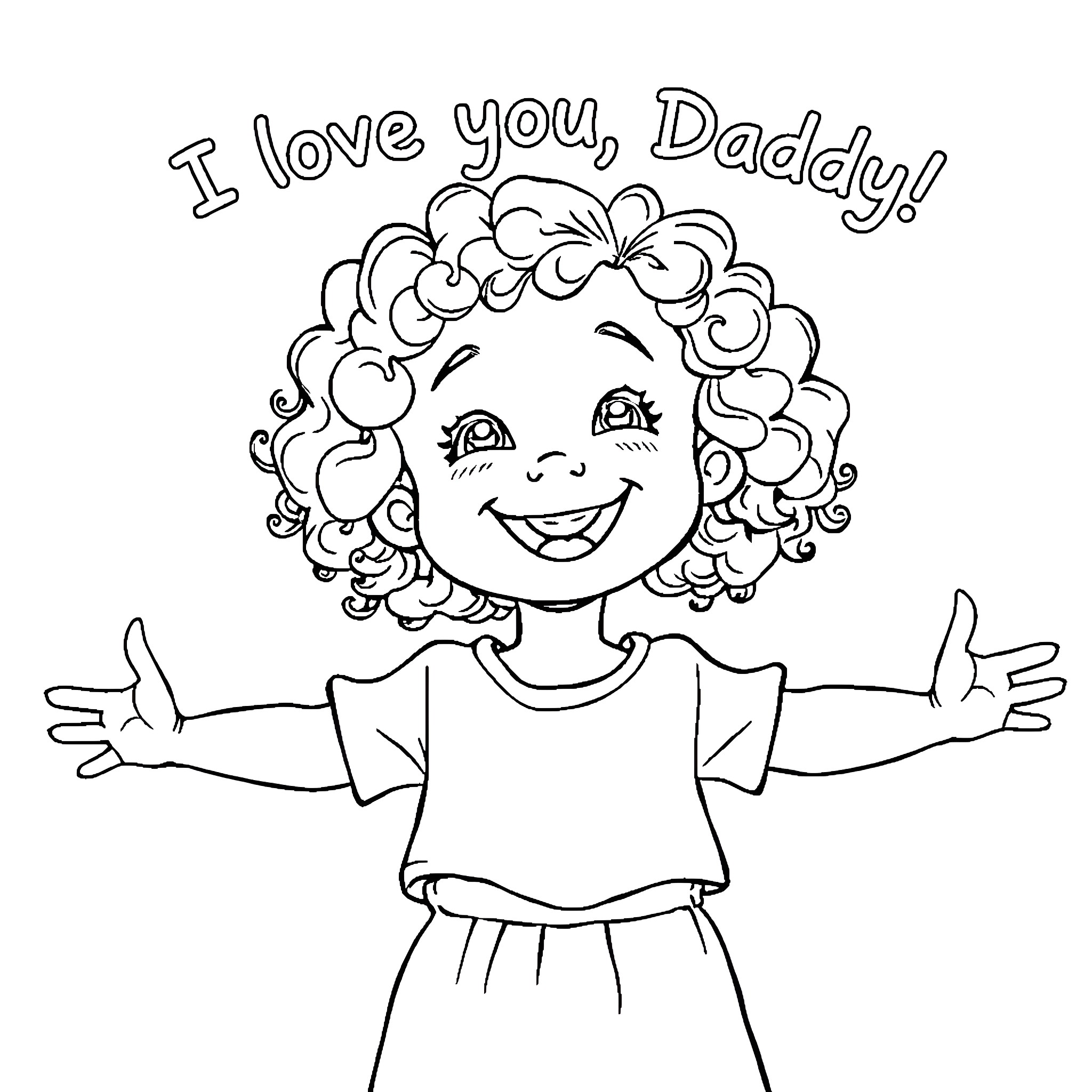 Girl expressing love and affection for her Daddy Coloring Page (free black-and-white line drawing printable PDF for all, from beginners to advanced learners, including children, teens, adults, and seniors)
