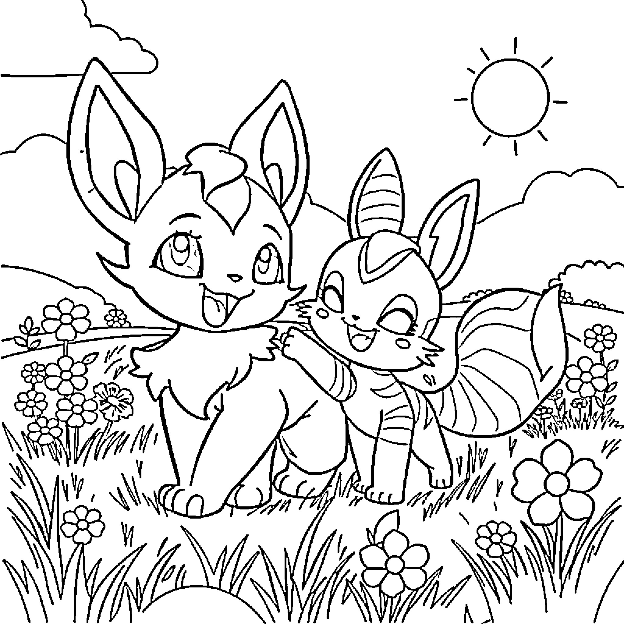 Sylveon and Friends in a Floral Meadow Coloring Page (free black-and-white line drawing printable PDF for all, from beginners to advanced learners, including children, teens, adults, and seniors)