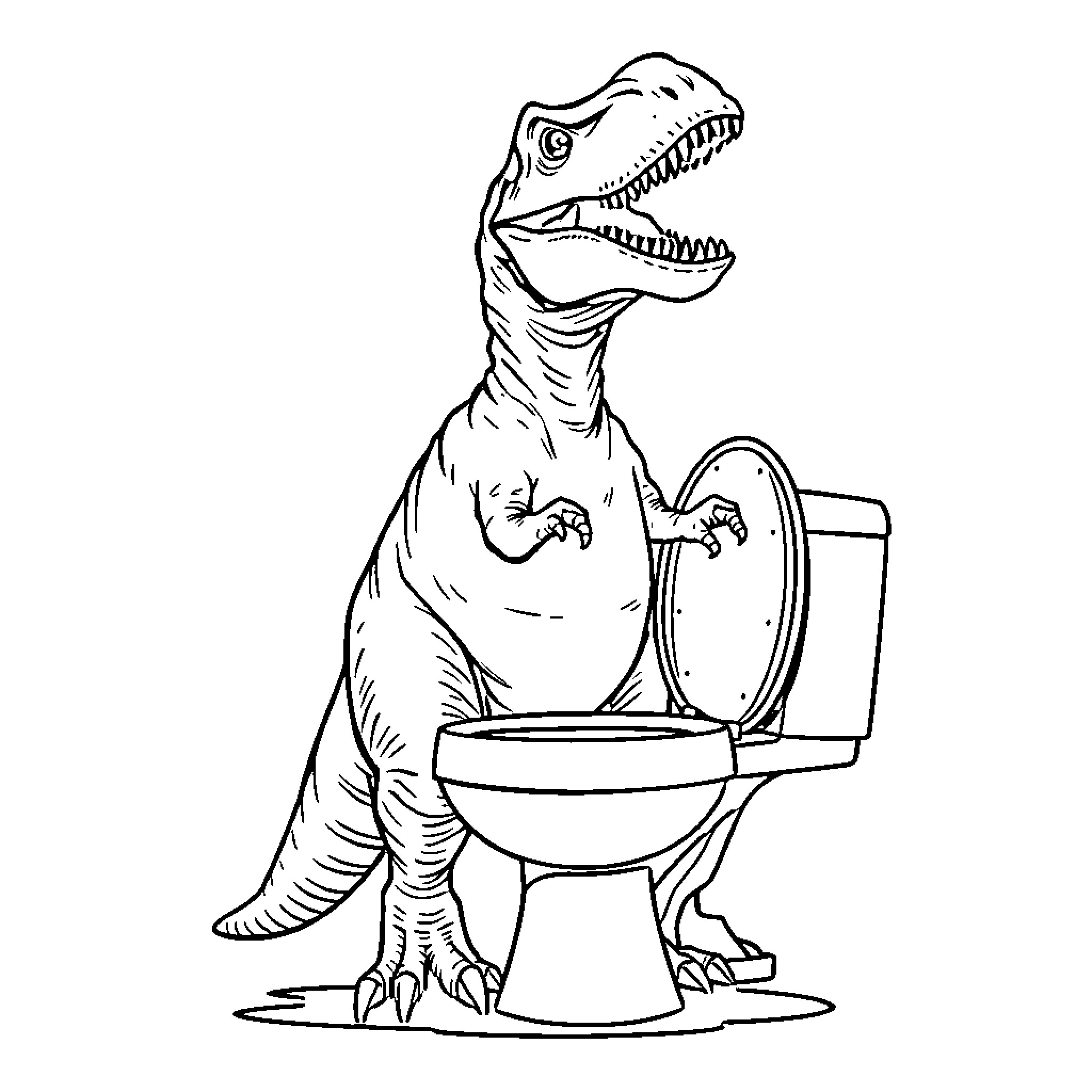 Dinosaur using the toilet Coloring Page (free black-and-white line drawing printable PDF for all, from beginners to advanced learners, including children, teens, adults, and seniors)