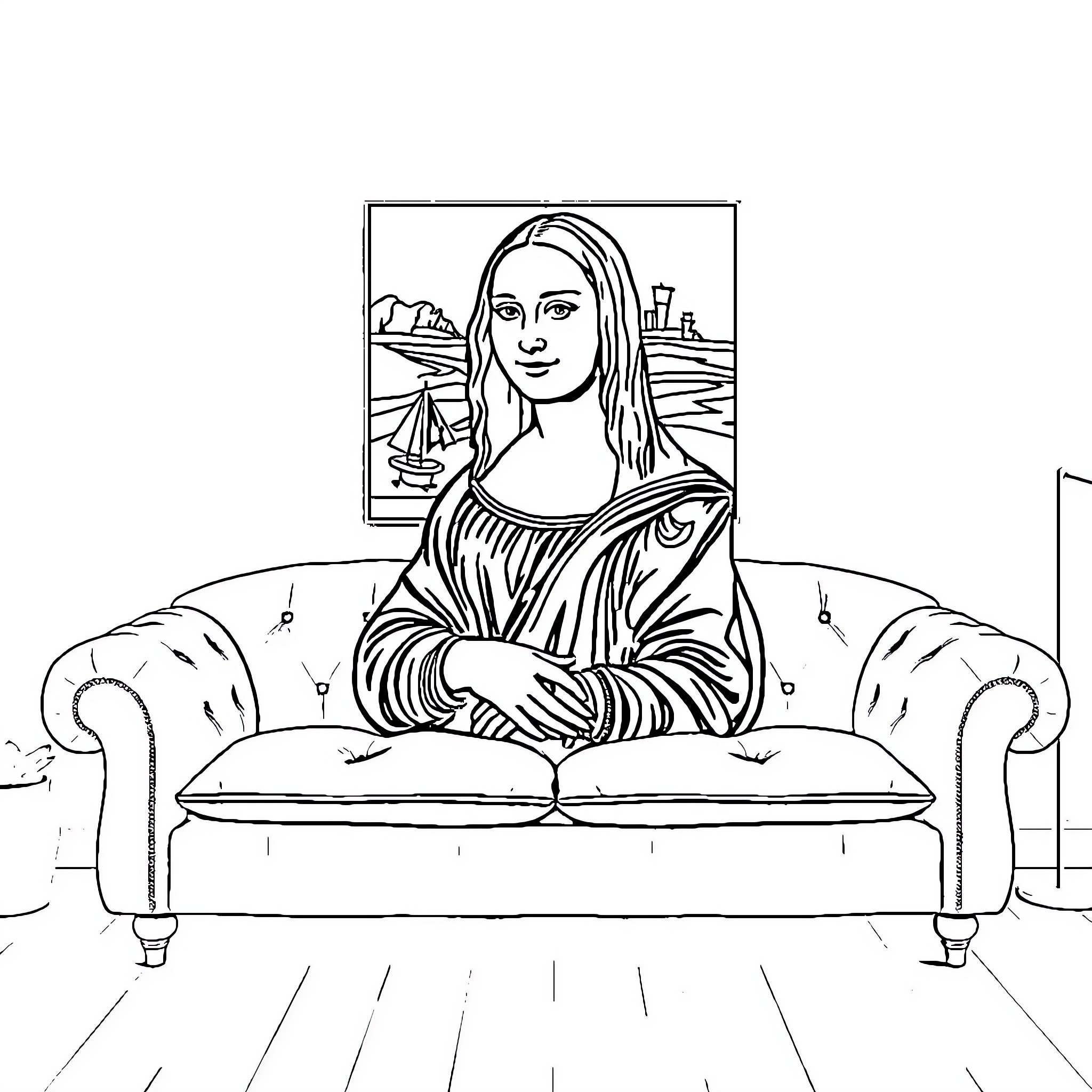 Monalisa sitting on a couch in an art gallery Coloring Page (free black-and-white line drawing printable PDF for all, from beginners to advanced learners, including children, teens, adults, and seniors)