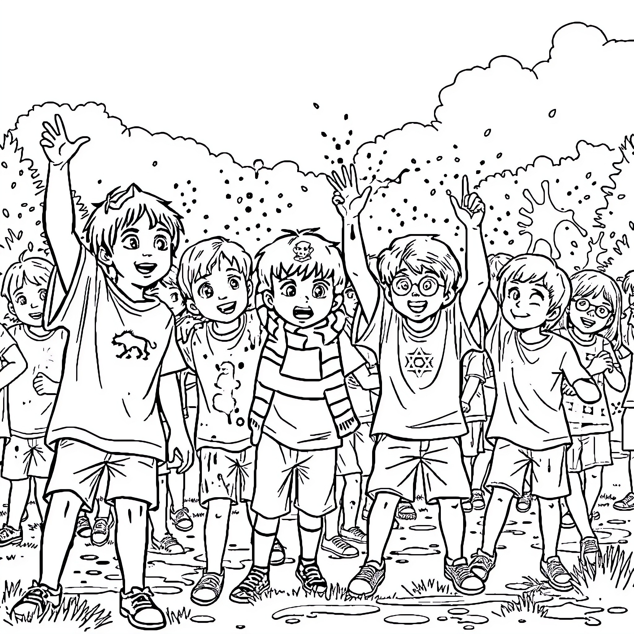 Kid friends celebrating together outdoors Coloring Page (free black-and-white line drawing printable PDF for all, from beginners to advanced learners, including children, teens, adults, and seniors)