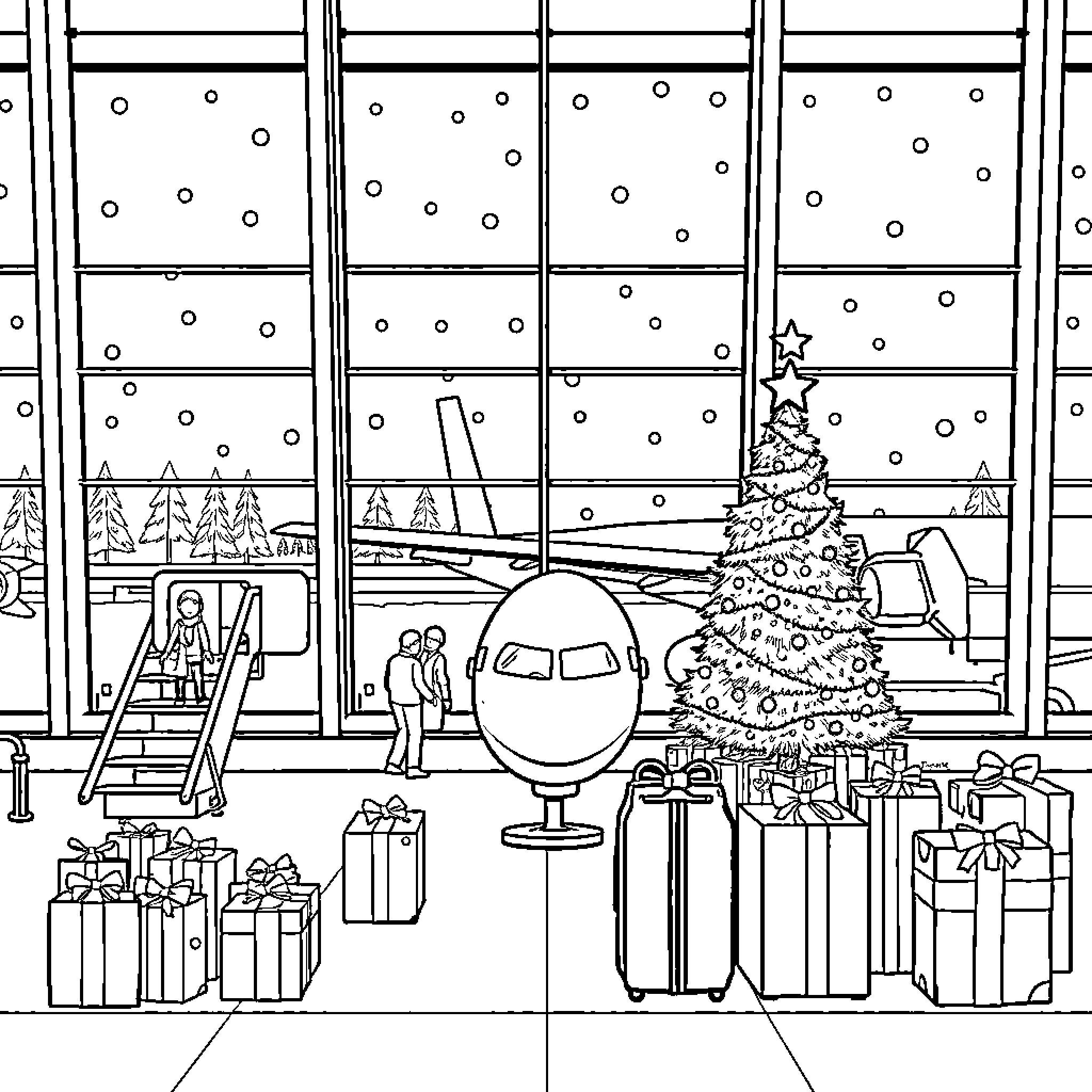 Airplane in a winter holiday scene Coloring Page (free black-and-white line drawing printable PDF for all, from beginners to advanced learners, including children, teens, adults, and seniors)