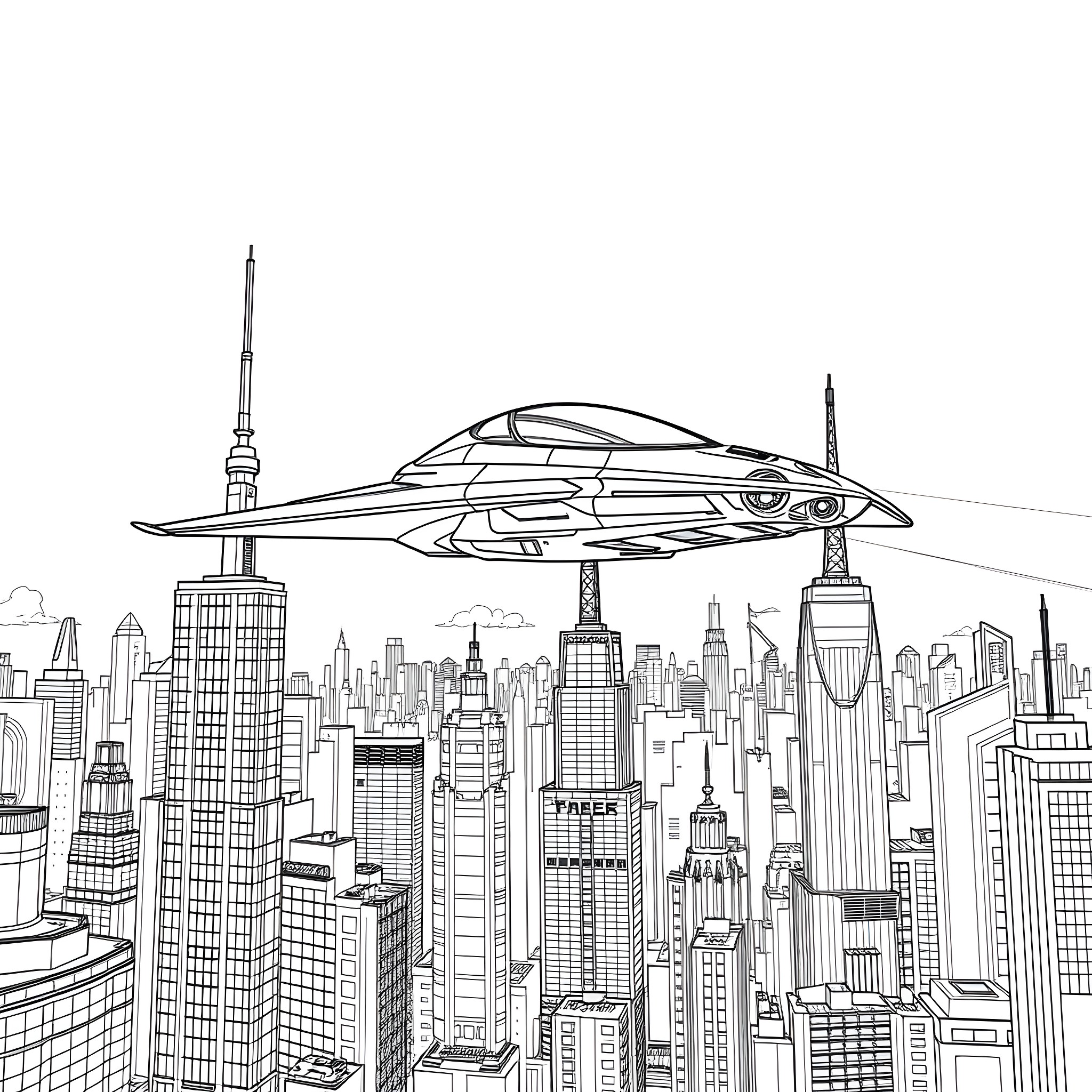 Spinner flying over futuristic city skyline Coloring Page (free black-and-white line drawing printable PDF for all, from beginners to advanced learners, including children, teens, adults, and seniors)