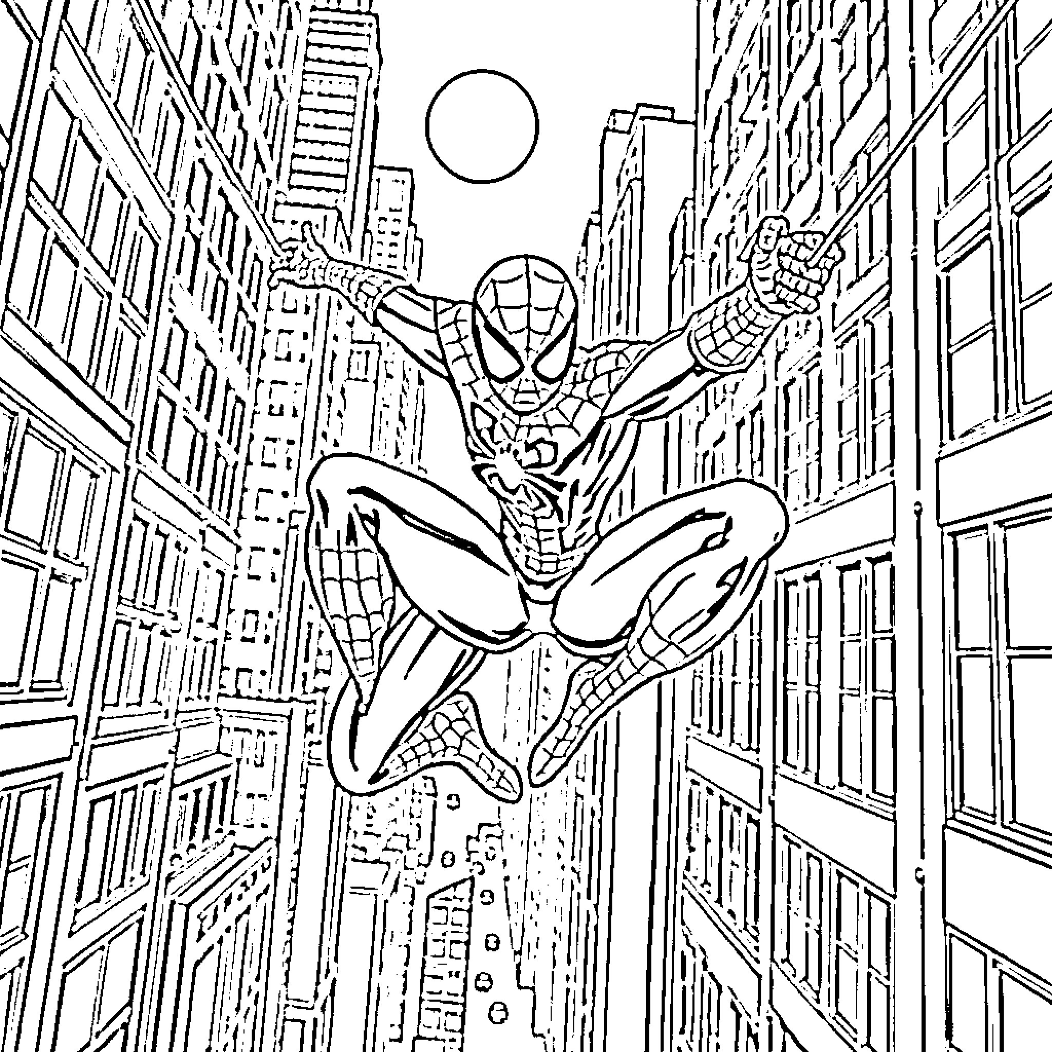 Spidey swinging through the city streets Coloring Page (free black-and-white line drawing printable PDF for all, from beginners to advanced learners, including children, teens, adults, and seniors)