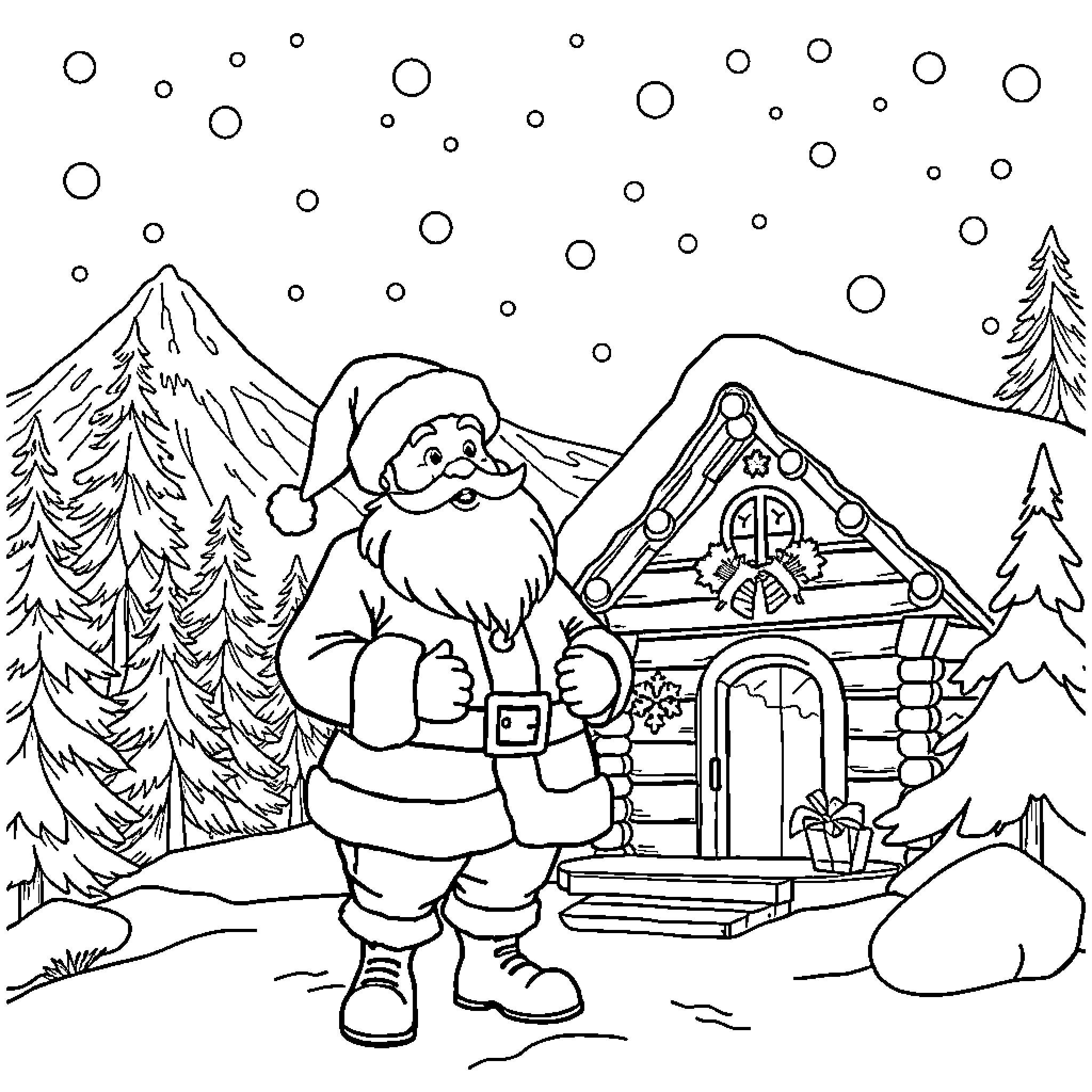 Santa Claus enjoying winter wonderland near cozy cabin Coloring Page (free black-and-white line drawing printable PDF for all, from beginners to advanced learners, including children, teens, adults, and seniors)