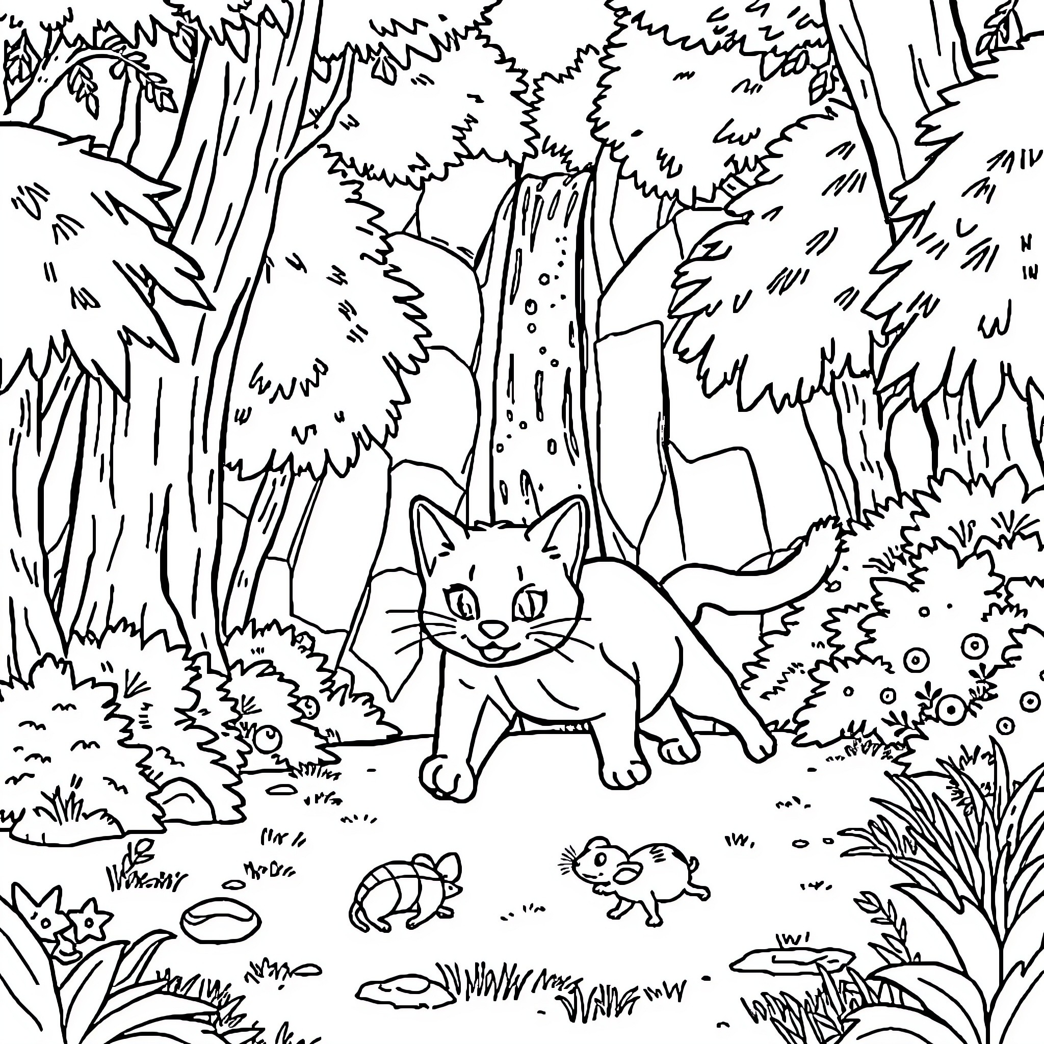 Cat exploring the enchanted forest Coloring Page (free black-and-white line drawing printable PDF for all, from beginners to advanced learners, including children, teens, adults, and seniors)